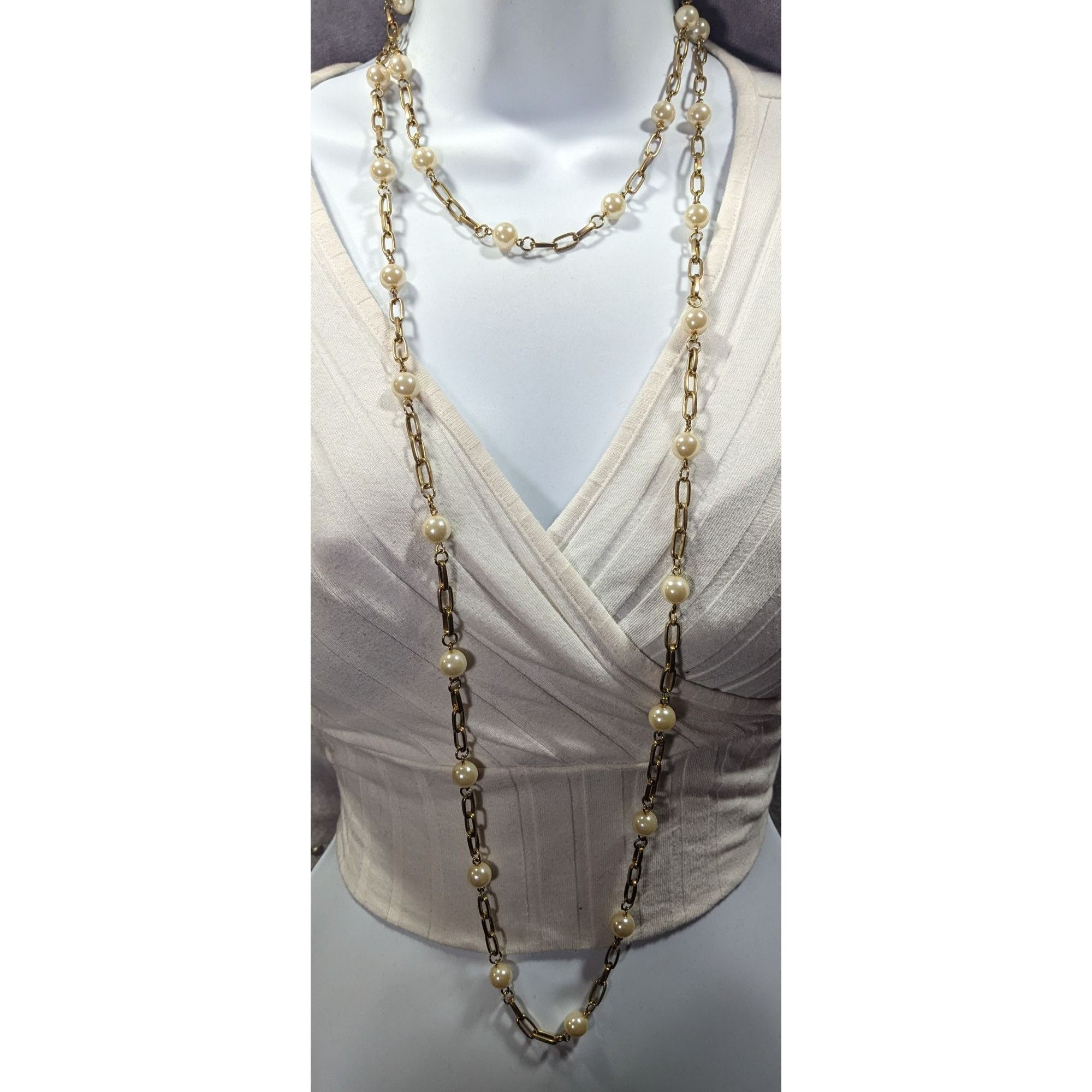 Other Vintage EsMor Gold Tone Faux Pearl Paperclip Chain Necklace Size ONE SIZE - 4 Thumbnail