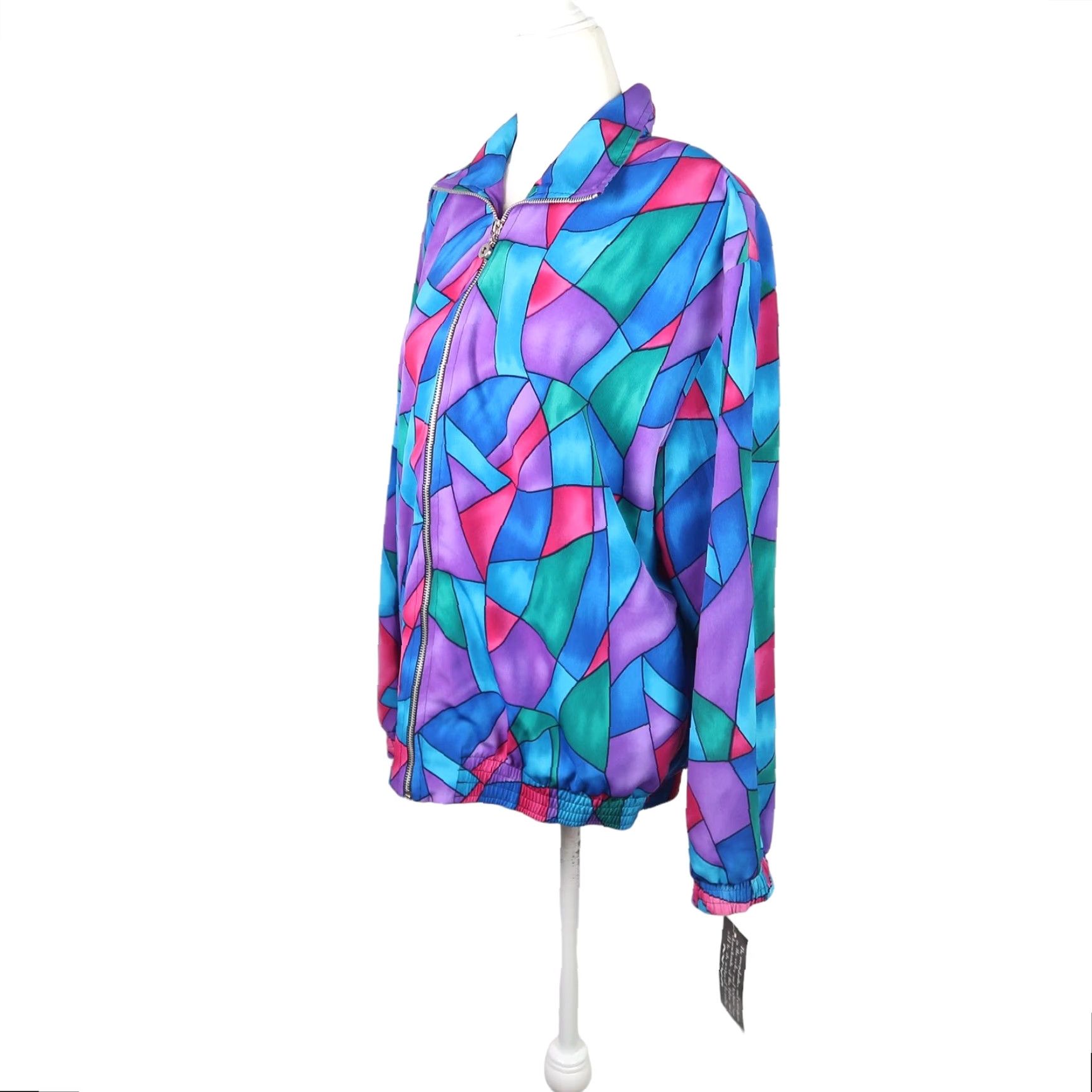 Vintage VINTAGE Teddi Jacket Women's M Short Sleeve Zip Blue Purple Stained Glass Geometric 90s Spring Fall Bomber Casual Patterns Size M / US 6-8 / IT 42-44 - 3 Thumbnail