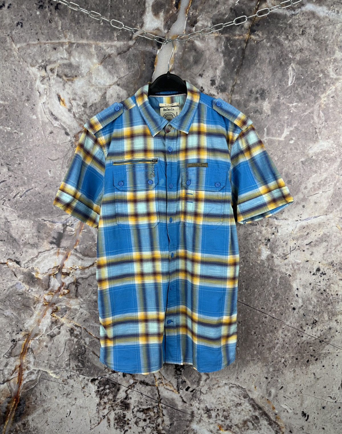 Diesel Diesel Plaid Utility Short Sleeve Button Up Shirt Blue Check Size US S / EU 44-46 / 1 - 1 Thumbnail