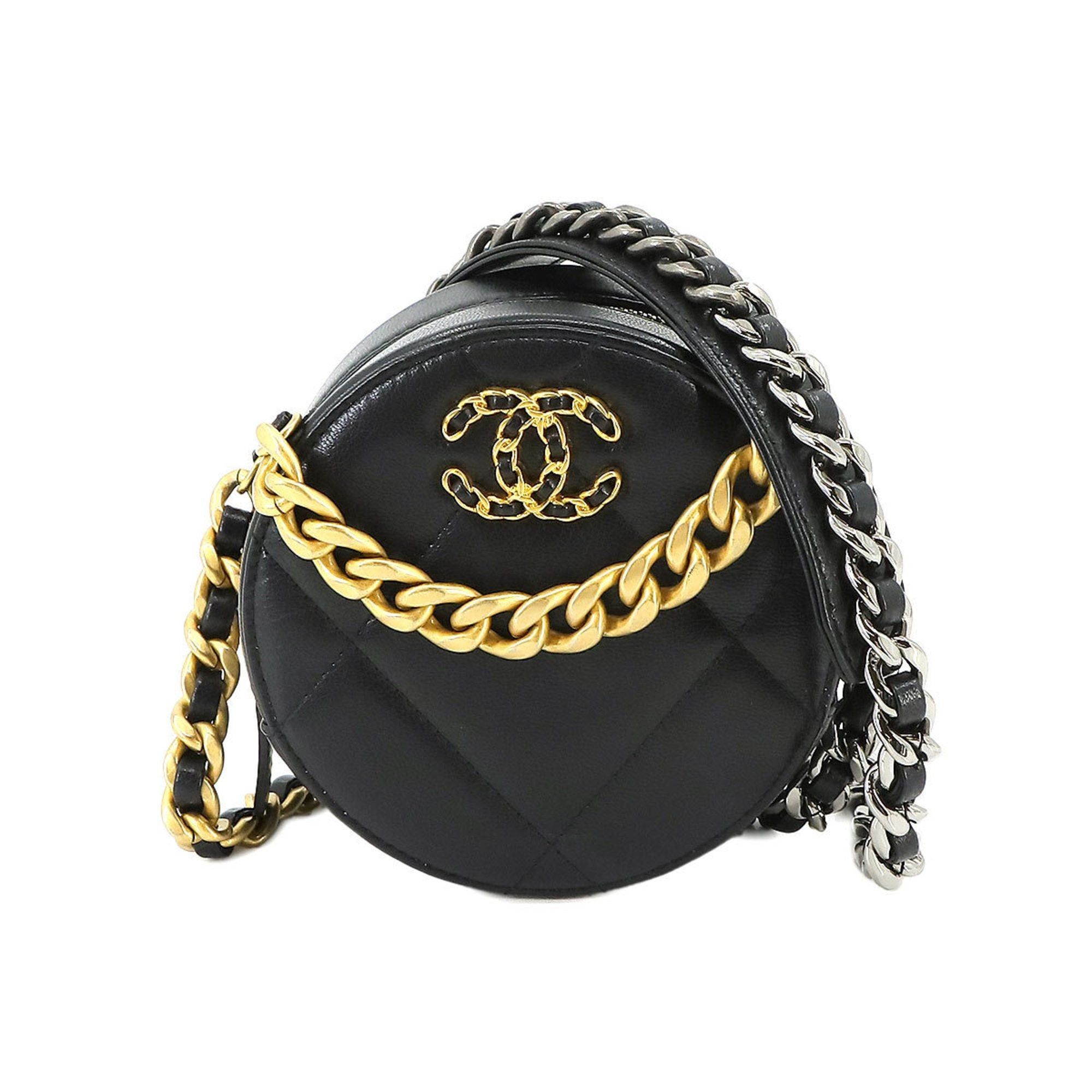 image of Chanel 19 Round Clutch Chain Shoulder Bag Leather Black Ap0945, Women's