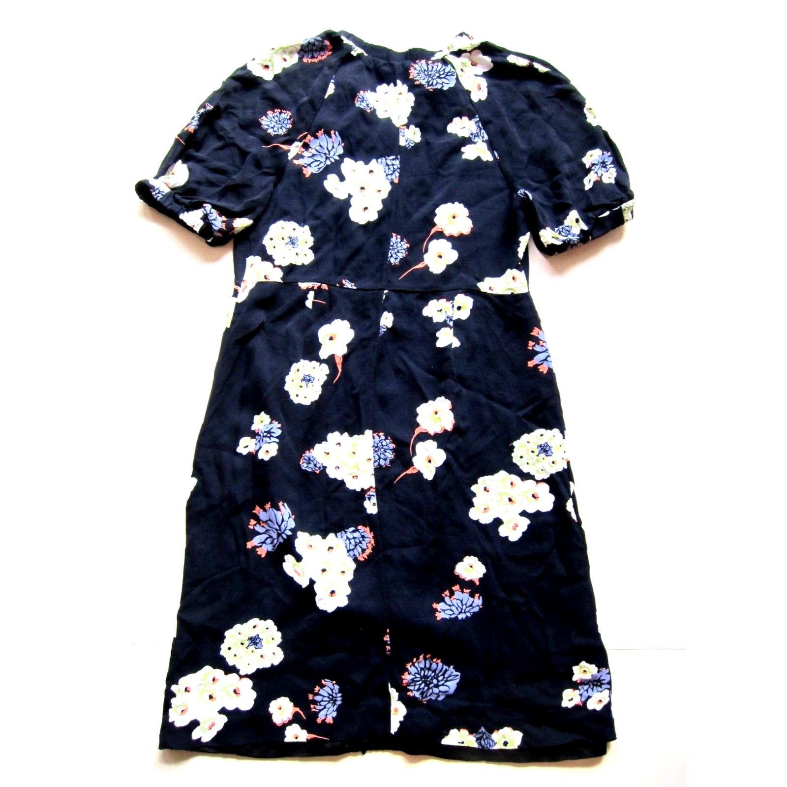 Vintage Lewit Dress Navy Blue Purple Floral Short Puff Sleeves Sheath Knee Length 12 Size 34" / US 12 / IT 48 - 2 Thumbnail