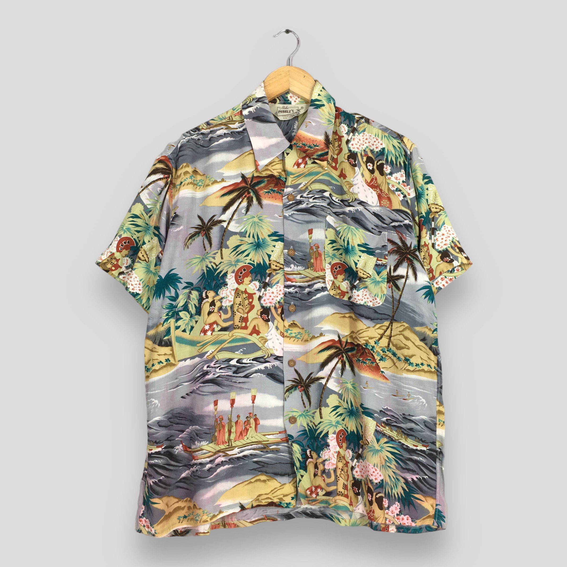 Aloha Pebble's Hawaiian Coconut Tree Beach View Shirt Medium