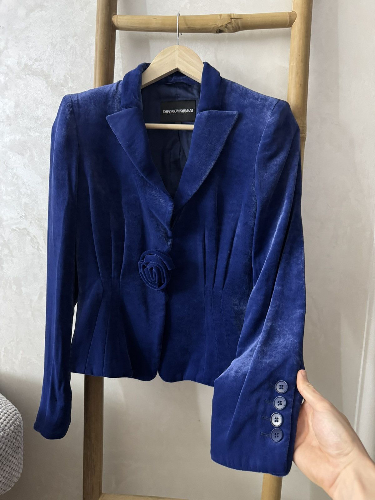Emporio Armani × Giorgio Armani Emporio Armani Navy Blue Velvet Flowers Blazer Size XS / US 0-2 / IT 36-38 - 6 Thumbnail