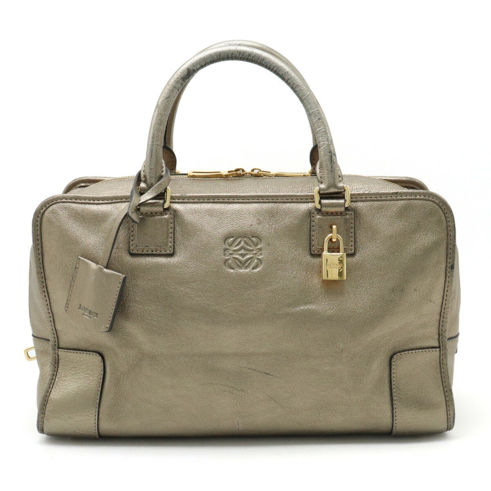 image of Loewe Amazona 35 Anagram Handbag Boston Bag Metallic Leather Gilver Silver Gold, Women's