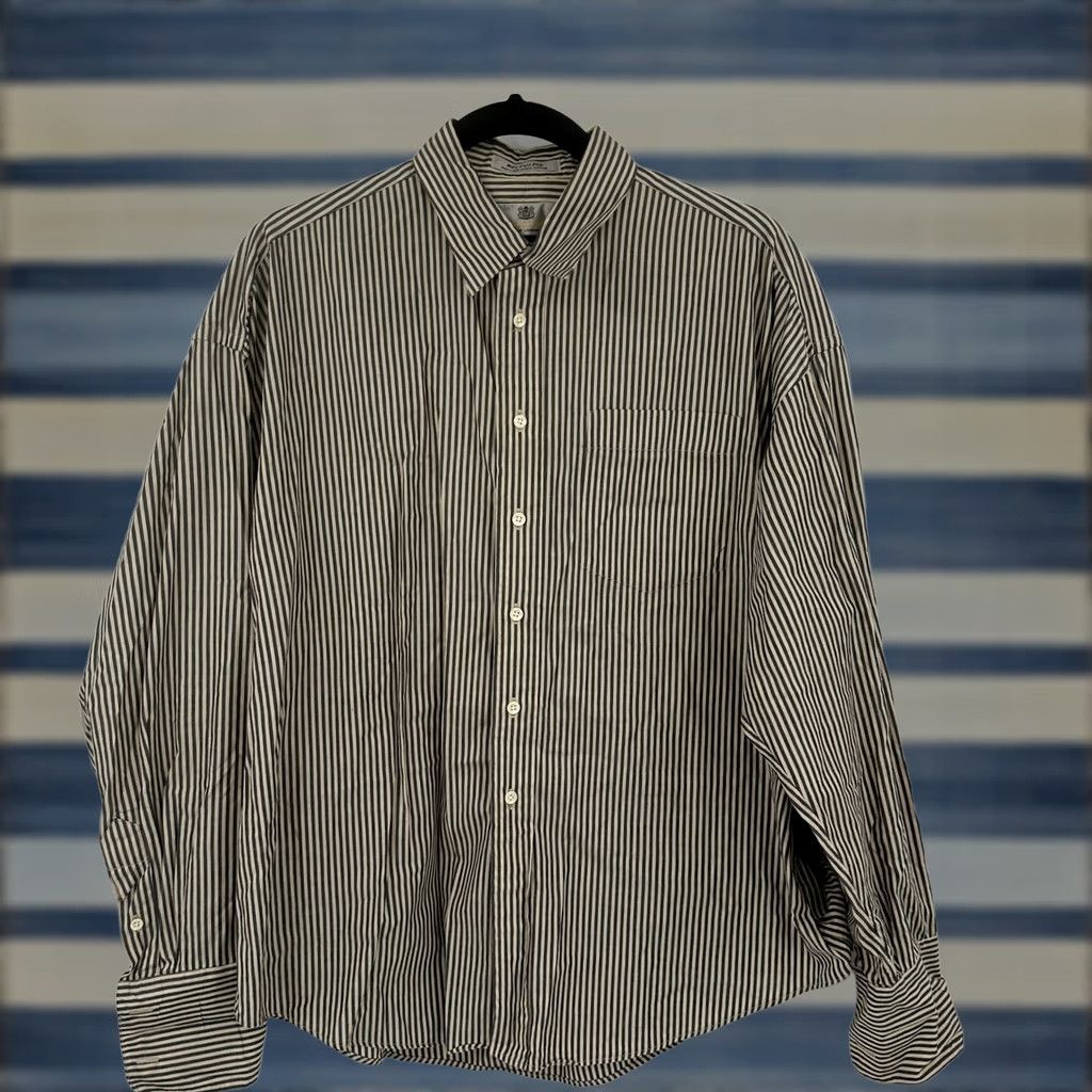 Aquascutum Aquascutum of London Womens Blouse Plus 14W Two Ply Cotton Striped Button-Front Navy Tan French Cuff 80s Size XL / US 12-14 / IT 48-50 - 1 Thumbnail