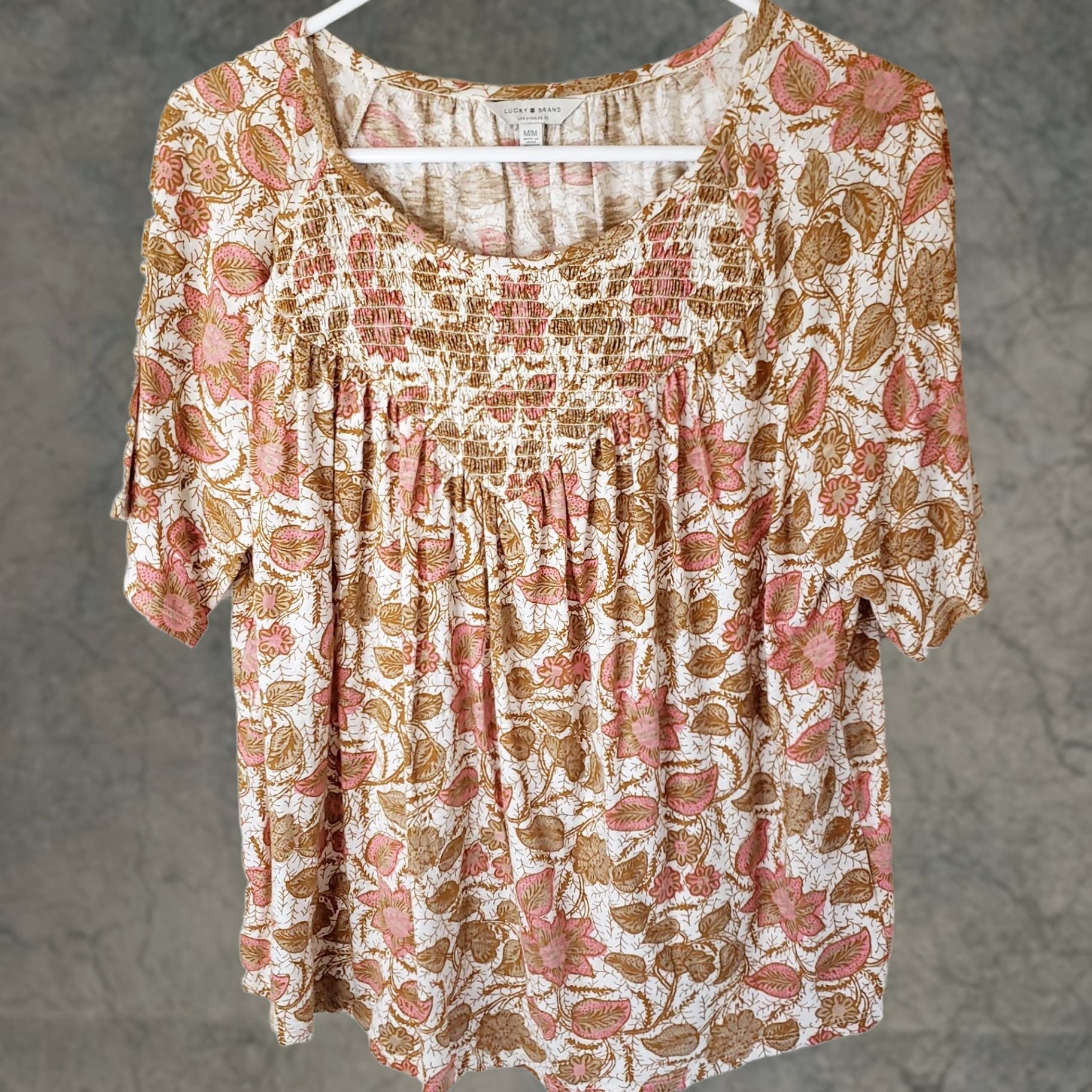 Lucky Brand Lucky Brand Blouse Women's M Peach Boho Peasant Floral 3/4 Sleeve Round Neck Elastic Front Cotton Multicolor Bohemian Relaxed Casual N/A Size M / US 6-8 / IT 42-44 - 1 Thumbnail