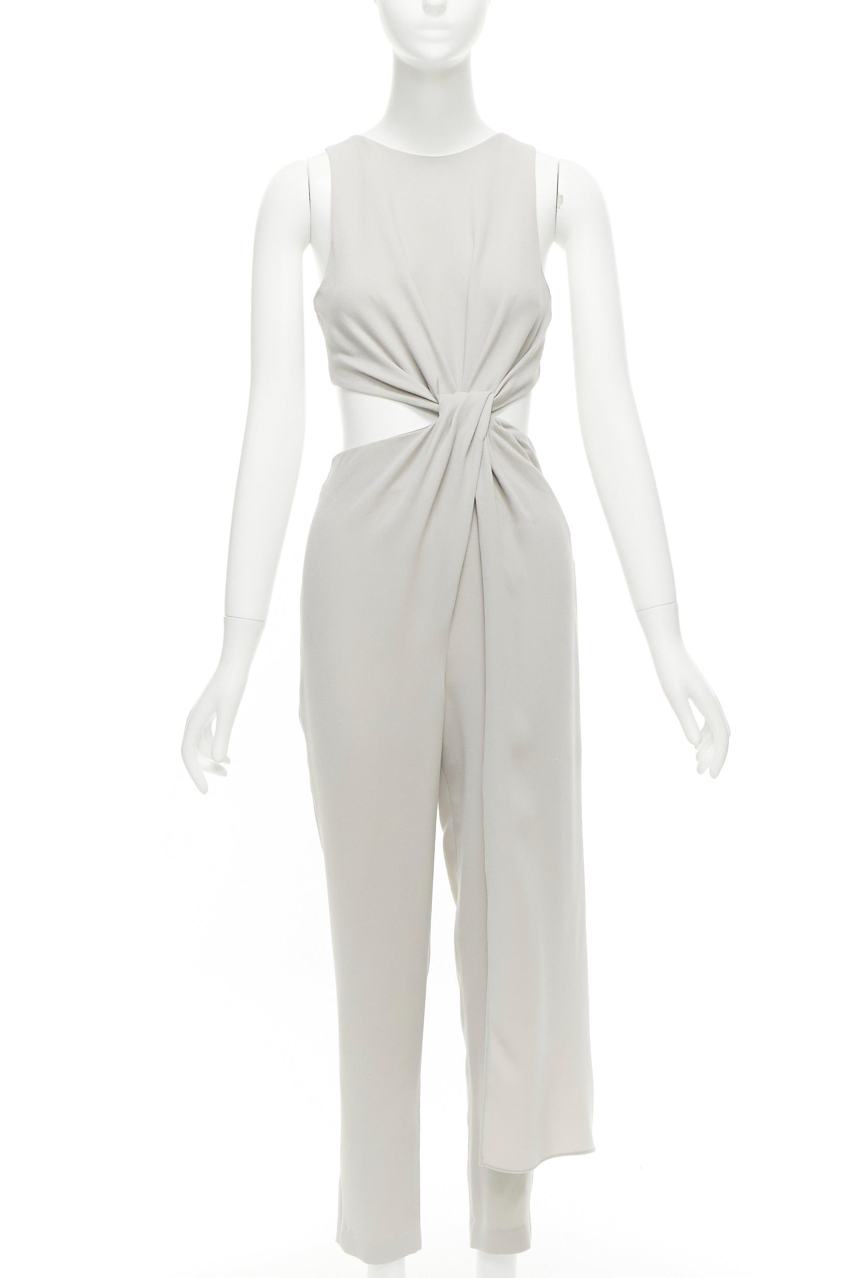 image of Halston Heritage Grey Cut Out Drape Waist Asymmetric Cropped Jumpsuit Us0 Xs, Women's (Size 26)