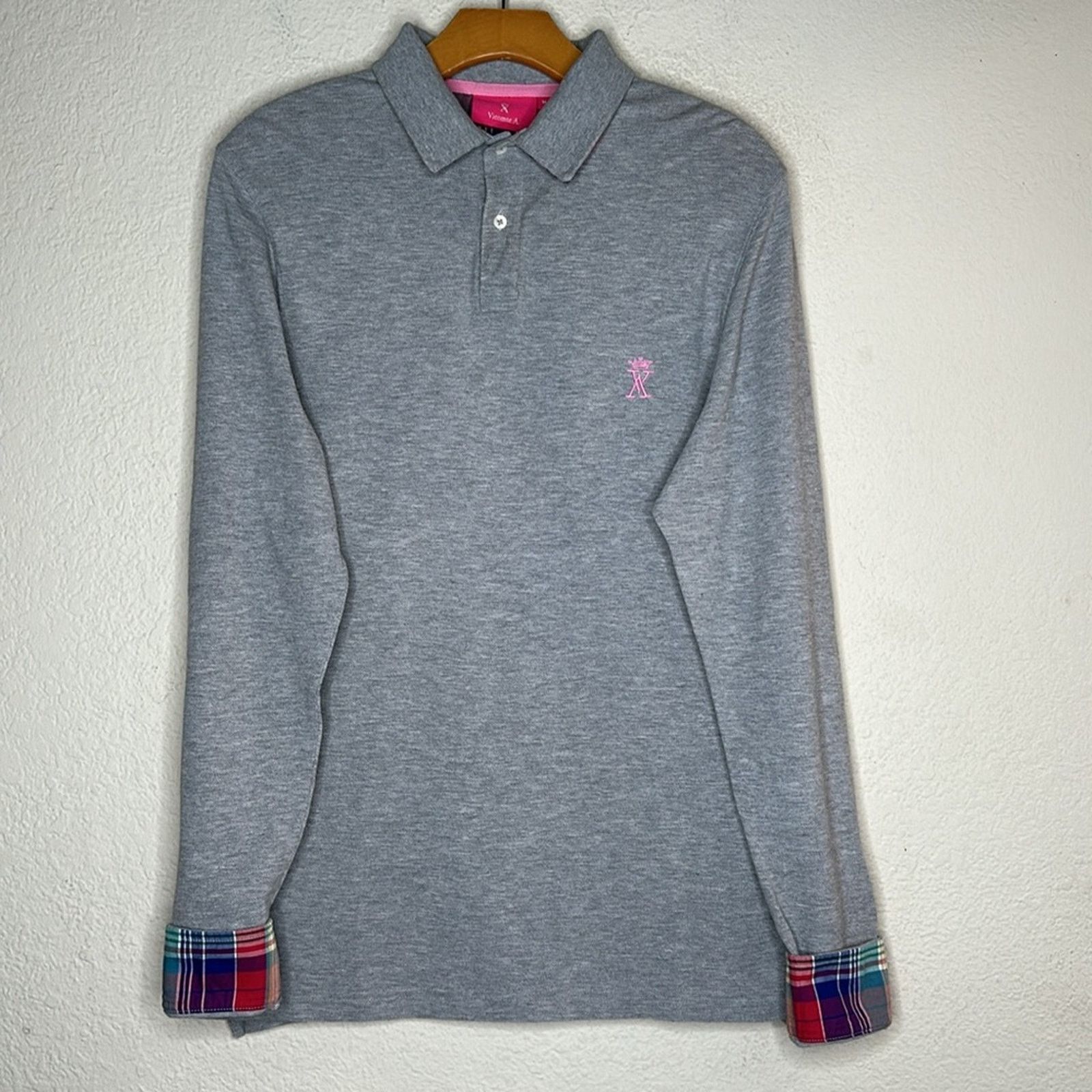 Other VICOMTE A. Grey Pink Plaid Contrast Long Sleeve Polo MED Size US M / EU 48-50 / 2 - 5 Thumbnail