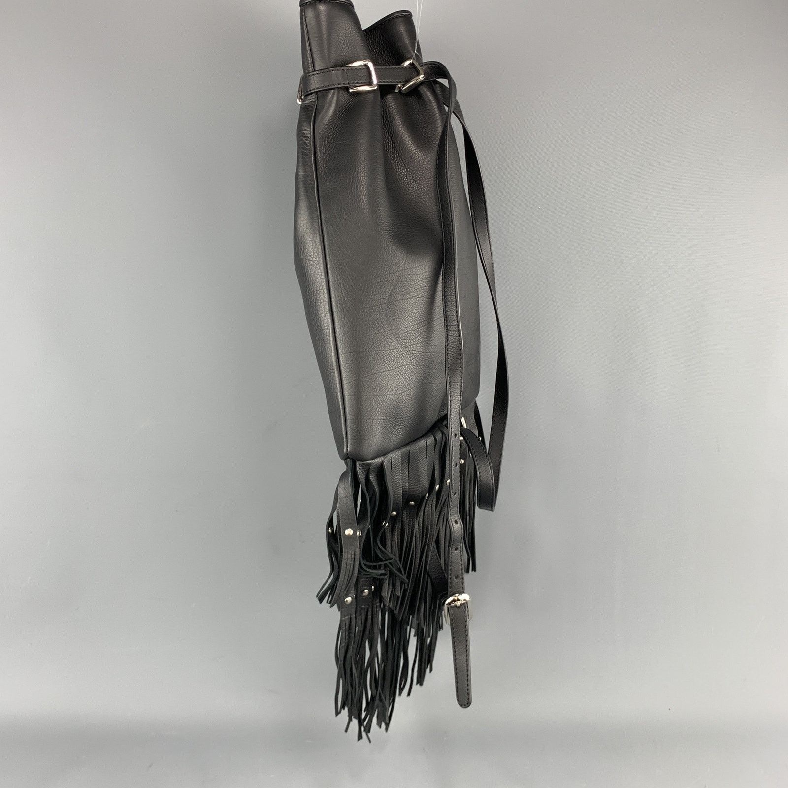 Roberto Cavalli ROBERTO CAVALLI Black Leather Studded Fring Bucket Backpack Size ONE SIZE - 6 Thumbnail