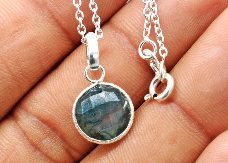 Handmade Moss Agate 925 Sterling Silver Necklace, 18 Inch Chain Size ONE SIZE - 2 Thumbnail