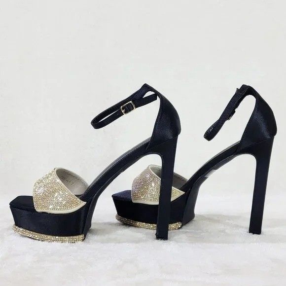 Helen Black Satin Gold Rhinestone Trim Party Evening Platfor