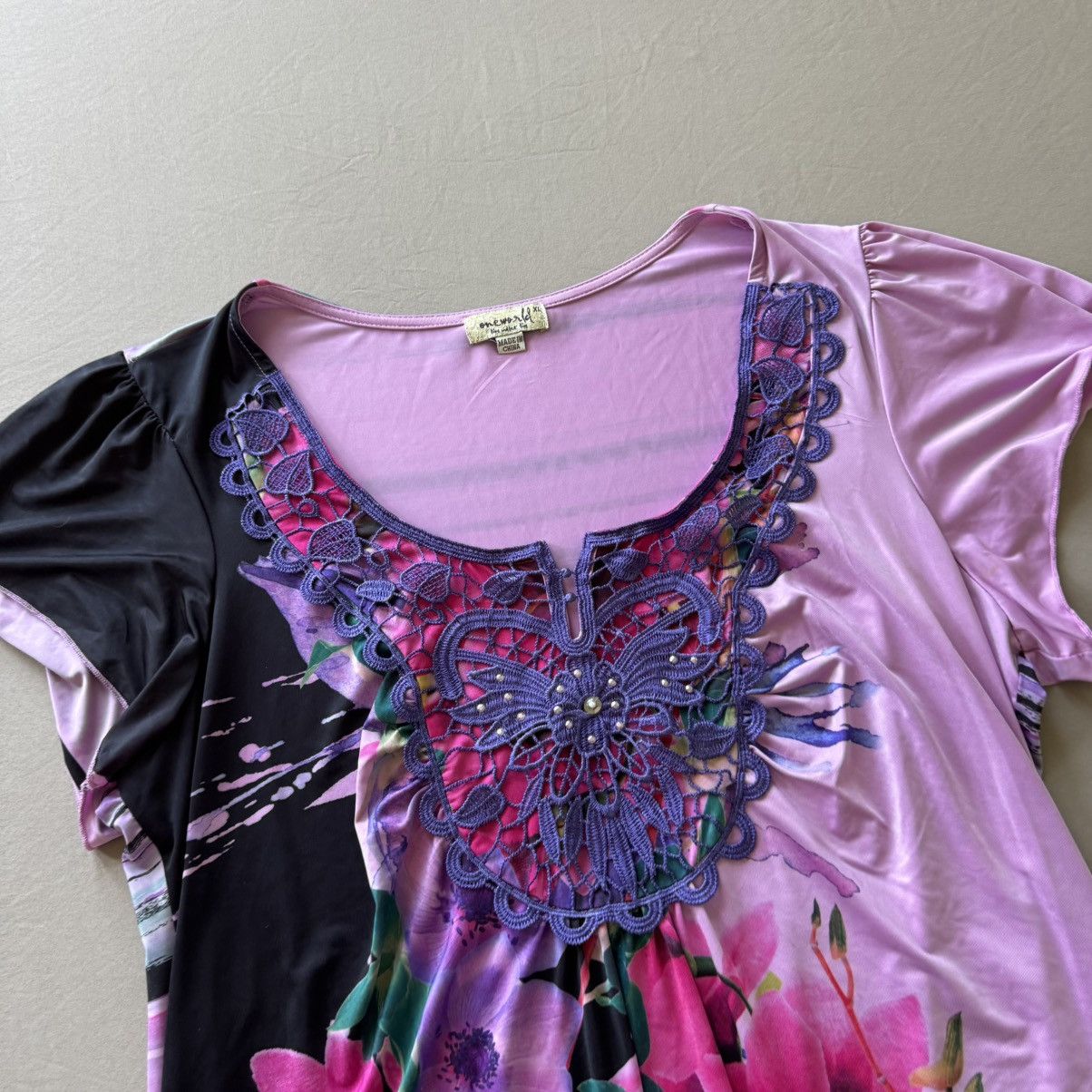 Other Y2K Early 2000s One World Micro Jersey Flutter Crochet Top Size XL / US 12-14 / IT 48-50 - 3 Thumbnail