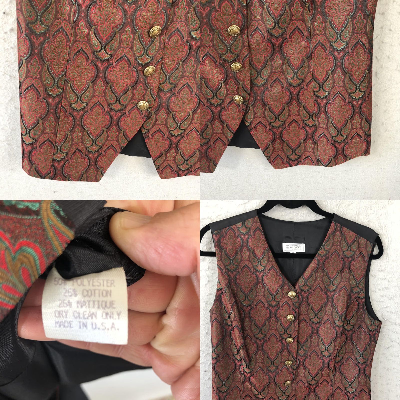 Bergdorf Goodman VINTAGE Bergdorf Goodman Vest Womens M Red Paisley Brocade Button Up USA 90s Festive Formal Womens Vest Size M / US 6-8 / IT 42-44 - 8 Thumbnail