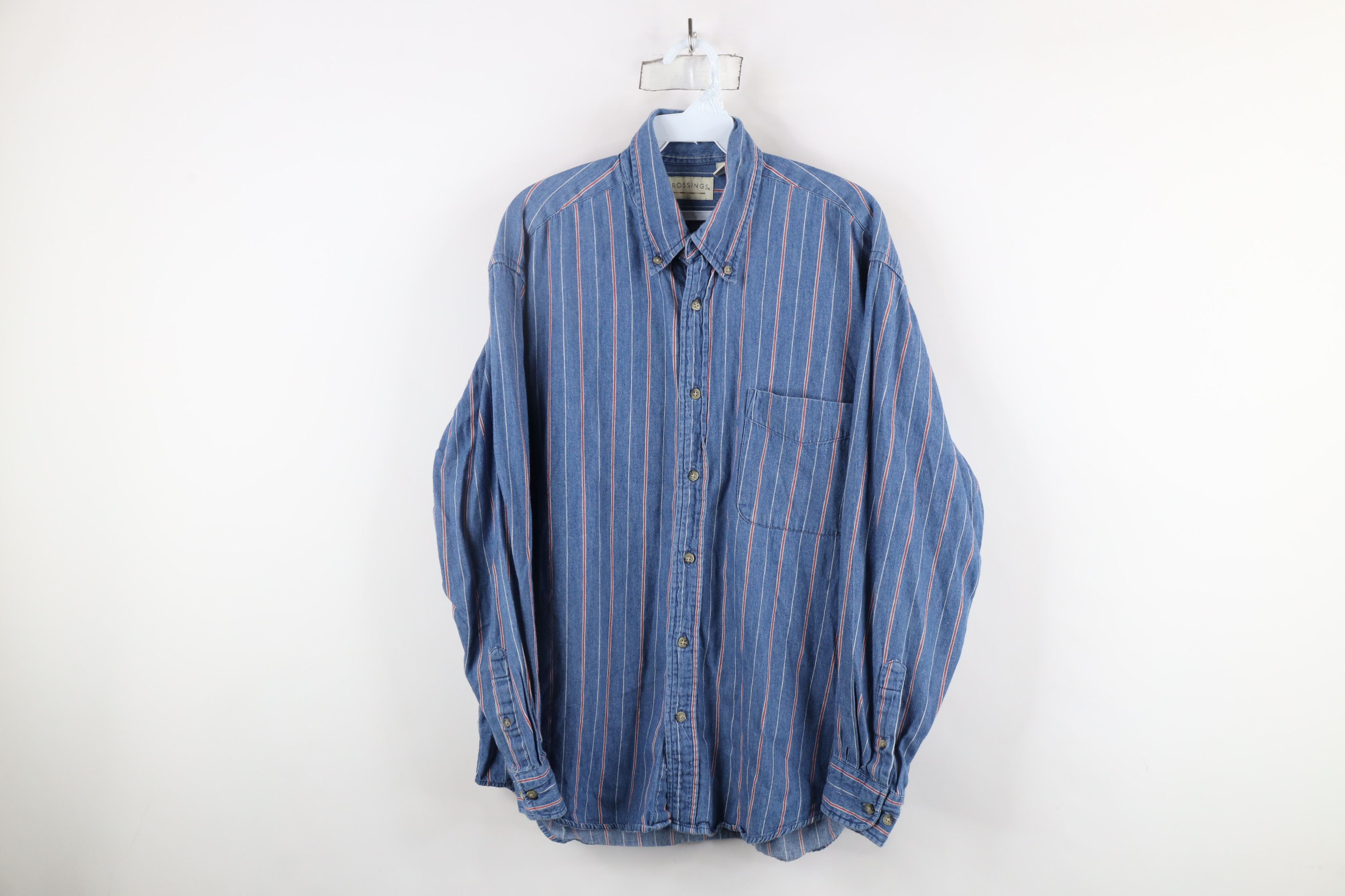 Vintage Vintage 90s Streetwear Striped Denim Jean Button Down Shirt Size US L / EU 52-54 / 3 - 1 Thumbnail