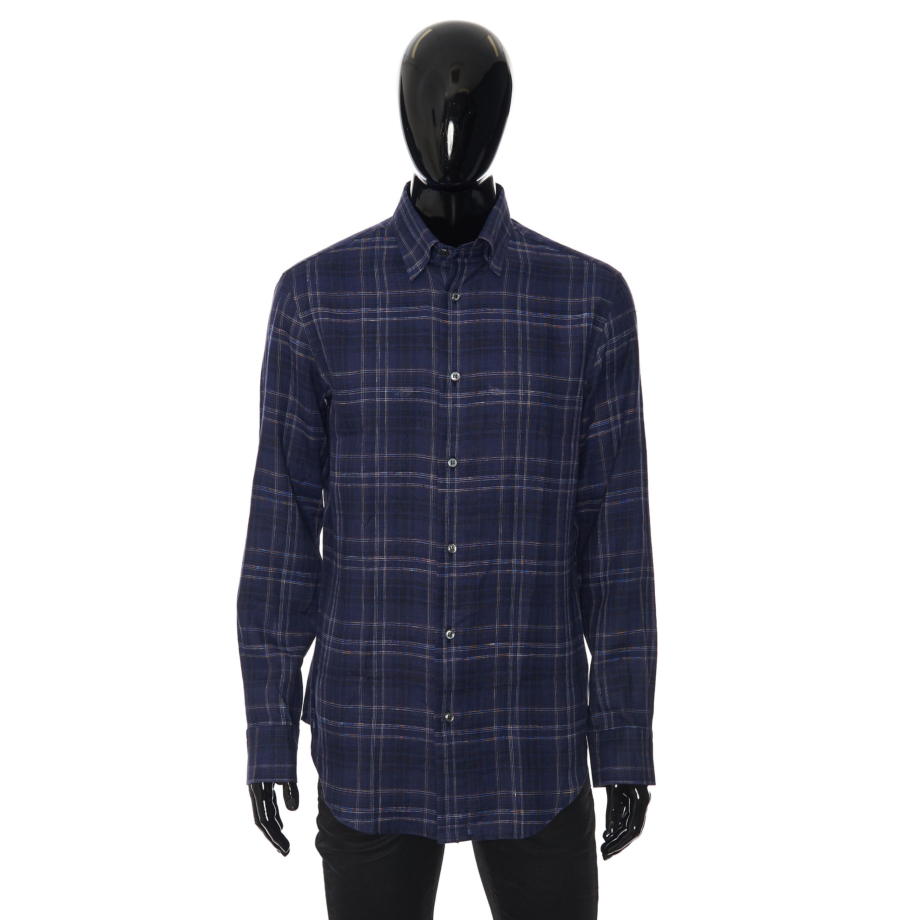 Brioni Longsleeve Fitted Shirt In Checked Blue Linen Size US M / EU 48-50 / 2 - 1 Thumbnail