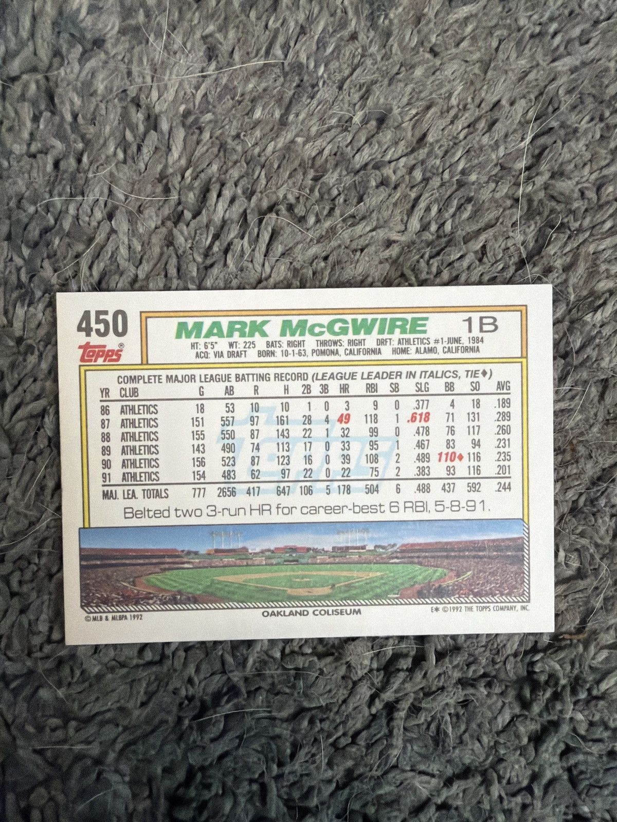 MLB 1992 Topps #450 Mark McGwire Card Size ONE SIZE - 2 Thumbnail