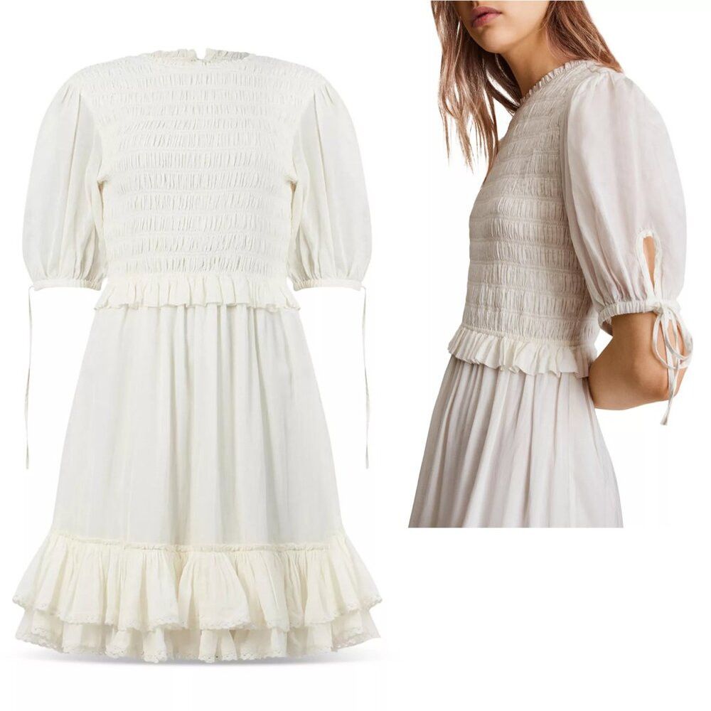 Allsaints New AllSaints Jaya Smocked Ruffle Ivory Viscose Mini Dress Size S / US 4 / IT 40 - 3 Thumbnail