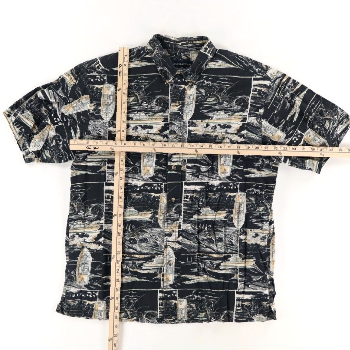 Vintage Sportif Deep Sea Fishing Camp Cotton All Over Print Button Up Shirt Black Men’s L Shirt Size US L / EU 52-54 / 3 - 3 Thumbnail