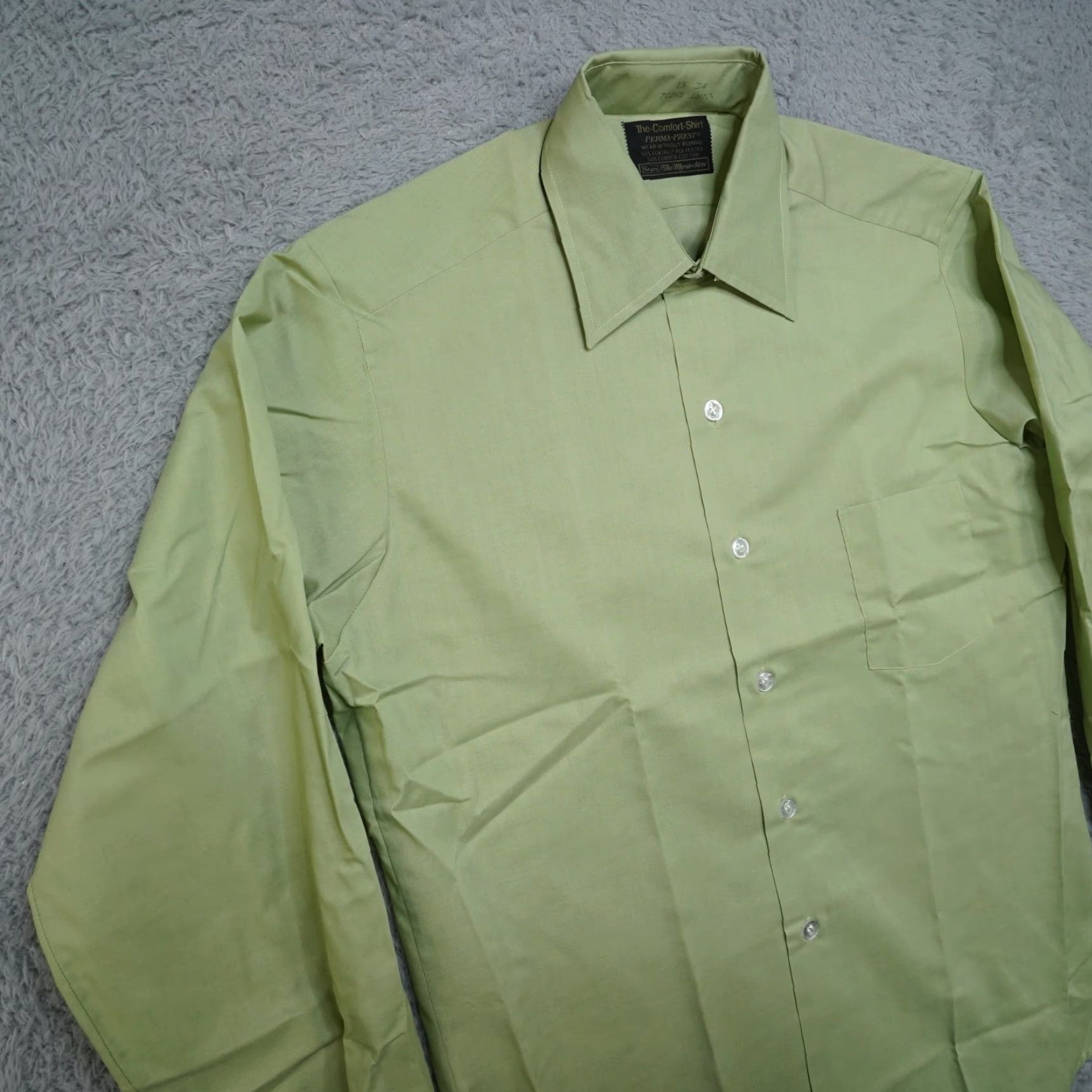 Sears VINTAGE Sears Shirt 15 34 Green 70s Men’s Button-Front Cotton Blend NWT Vintage Sears Men’s Store Shirt 15 34 Green Perma Prest Dress Comfort Size 40R - 7 Thumbnail