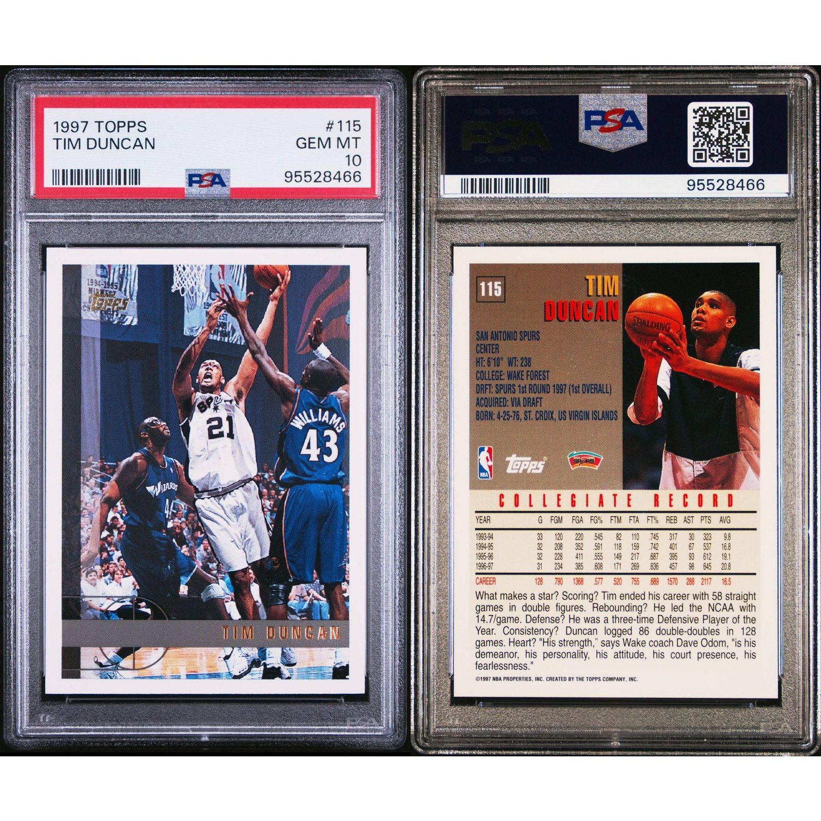 NBA 1997 Topps #115 Tim Duncan RC PSA 10 San Antonio Spurs Size ONE SIZE - 3 Thumbnail