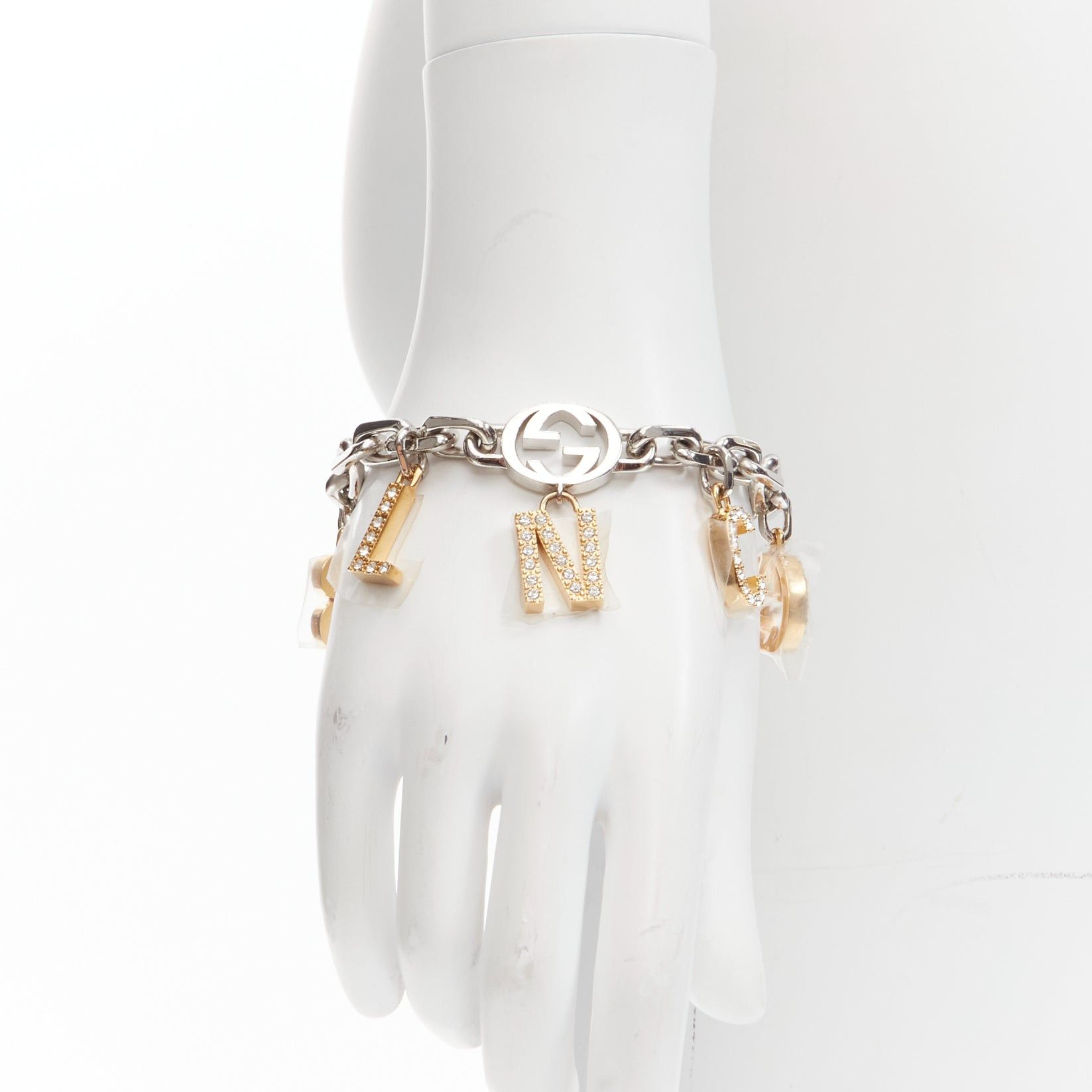 image of New Gucci Balenciaga 2021 Hacker Project Gold Silver GG B Logo Charms Bracelet, Women's