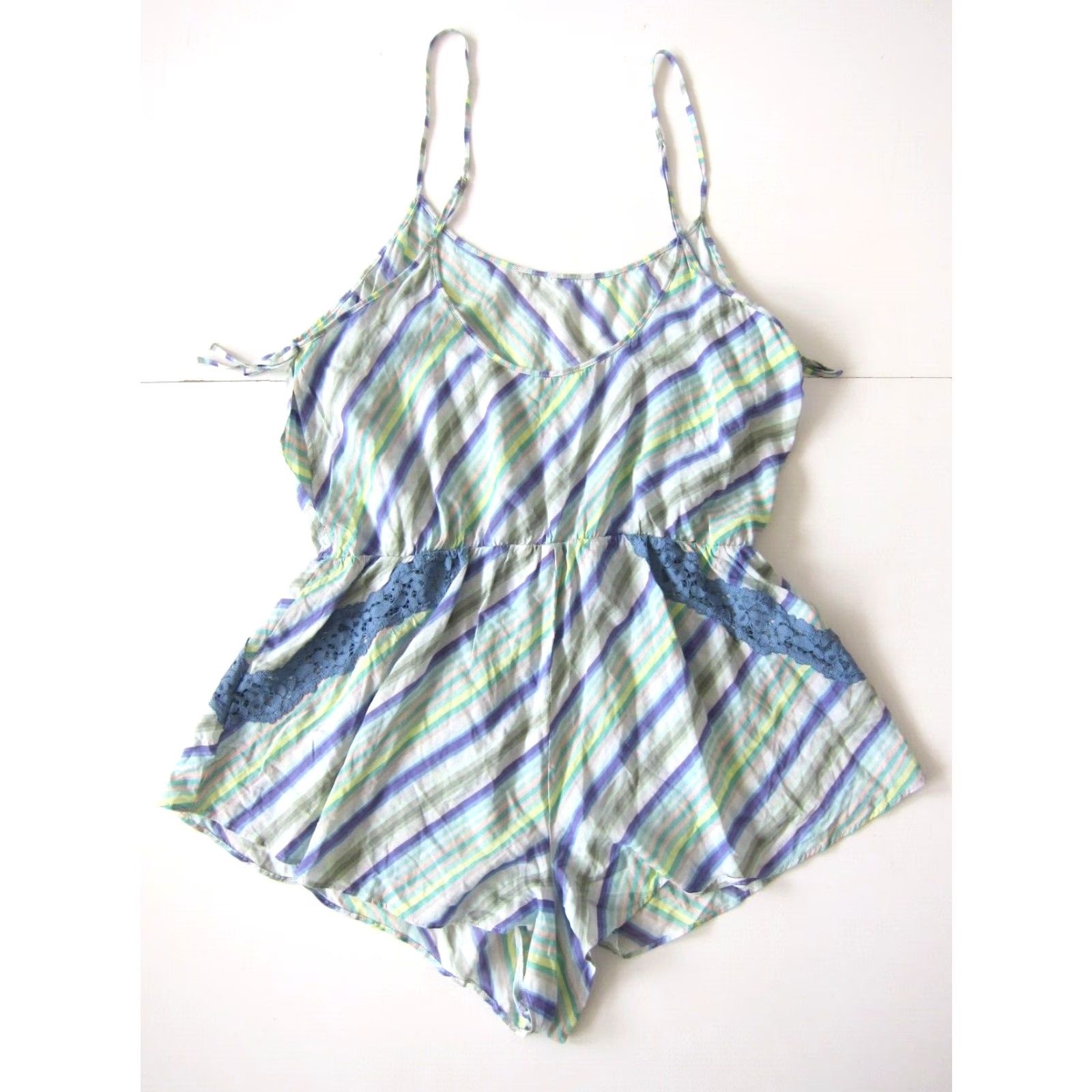 Vintage NWT Victoria's Secret Romper Shirt Lingerie Purple Green Stripe 100% Rayon Women L Size 36" / US 14 / IT 50 - 2 Thumbnail