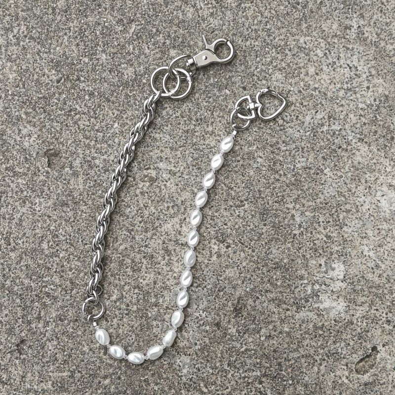 Jewelry Punk Pants Chain With Pearl Hemp Flower Links in Grey, Men's
