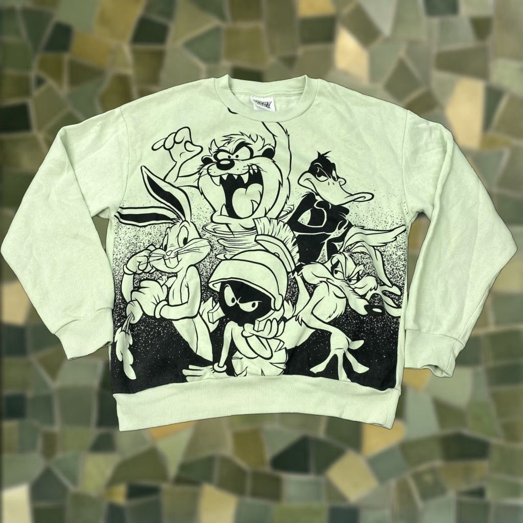 Vintage Looney Tunes Sweatshirt Mens M Mint Green Graphic Print Pullover Crewneck Bugs Bunny Taz Daffy Duck Marvin the Martian Wile E. Coyote Size US M / EU 48-50 / 2 - 1 Thumbnail
