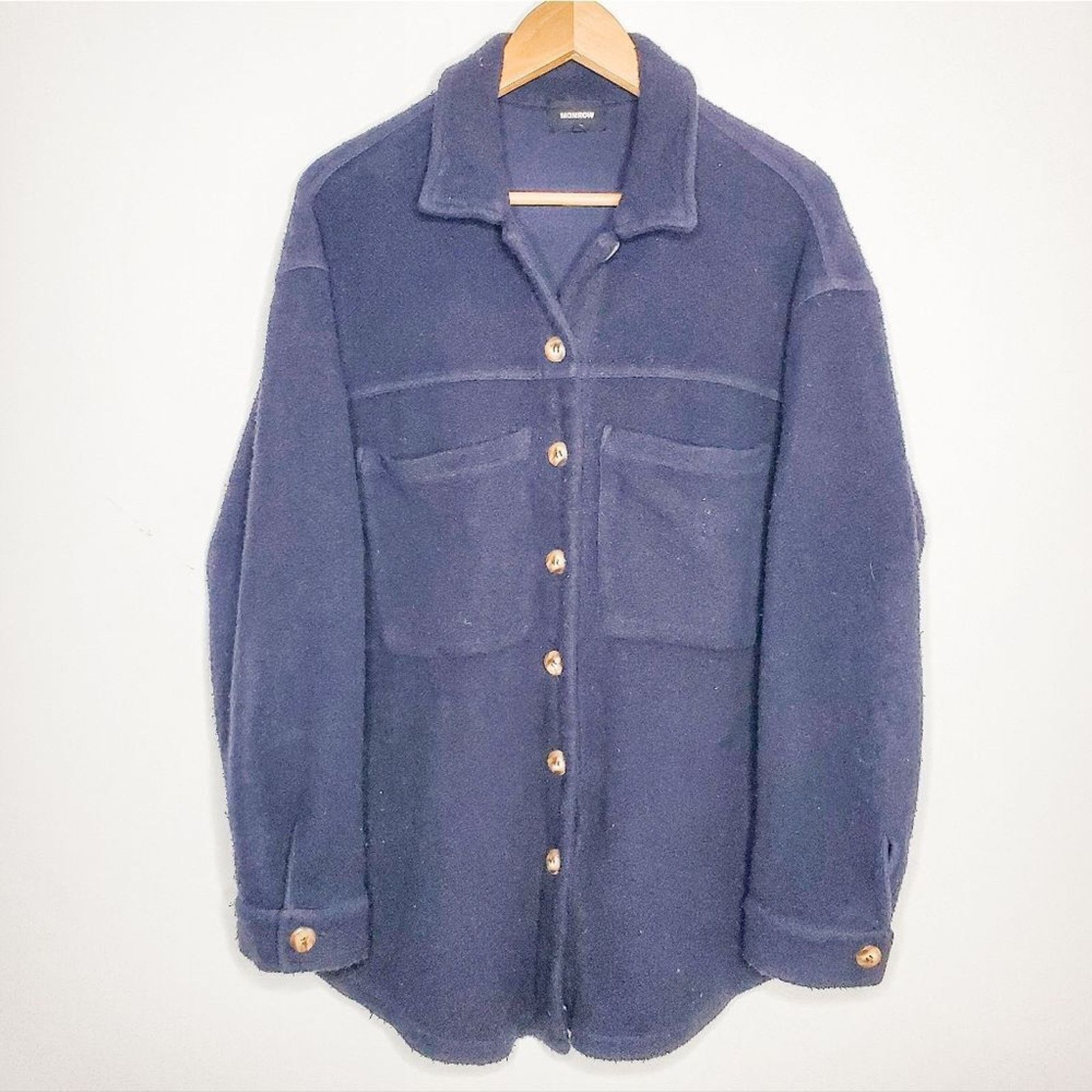 MONROW MONROW Navy Blue Teddy Fleece Button Down Shacket Size S Size S / US 4 / IT 40 - 2 Thumbnail