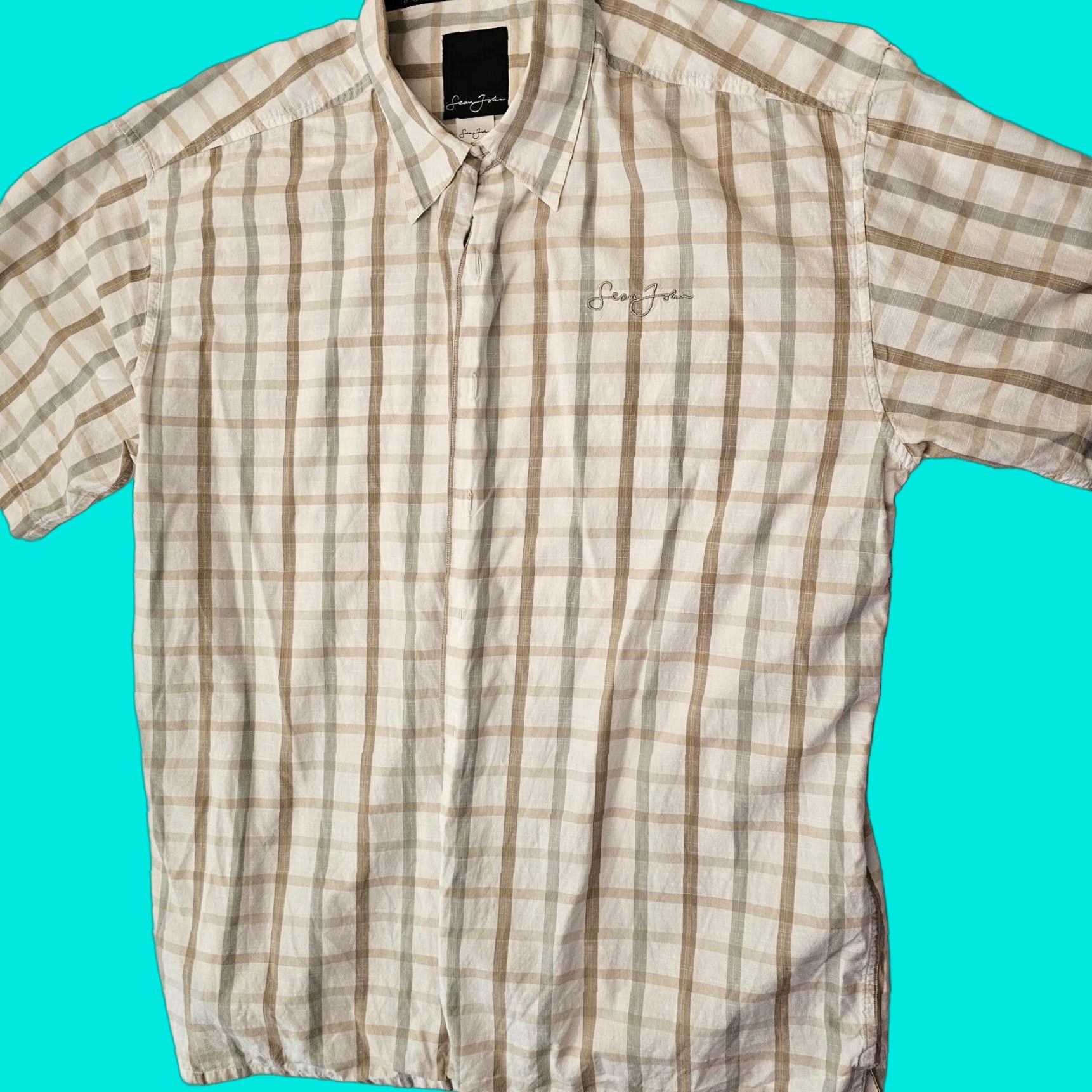 Sean John Sean John Beige Plaid Short Sleeve Button Up Shirt Size 2XL Embroidered Logo Size US XXL / EU 58 / 5 - 1 Thumbnail