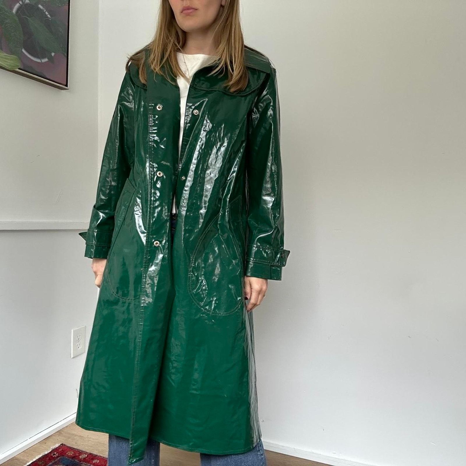 Other Vintage Forest Green Vinyl Raincoat (S) Size S / US 4 / IT 40 - 5 Thumbnail