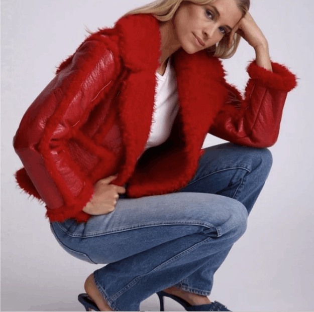 image of 7 For All Mankind Stella Vegan Leather Faux Shearl Jacket in Red, Women's (Size Medium)