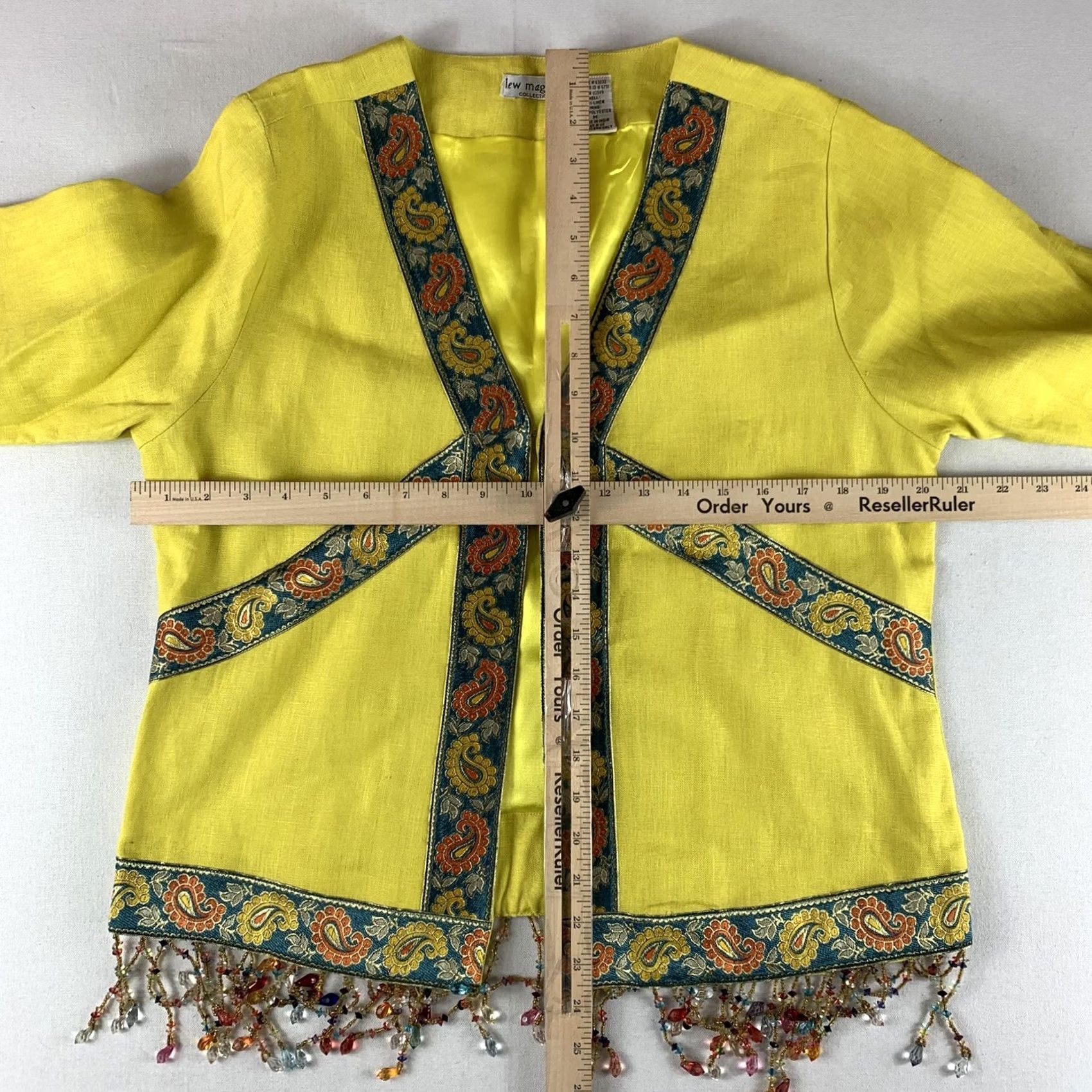 Vintage Lew Magram Blouse Womens Medium Yellow Linen Paisley Beaded Embroidered Tapestry Classic All Seasons V-Neck Long Sleeve Cap Sleeve Buckle Size M / US 6-8 / IT 42-44 - 6 Thumbnail