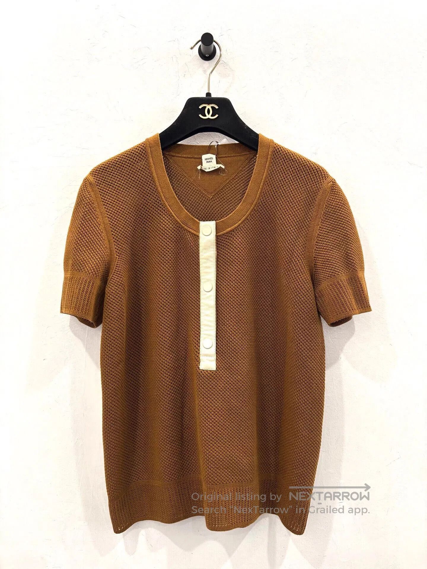 Hermes Hermes Brown Mesh Stripe Logo Tee. Size S / US 4 / IT 40 - 1 Thumbnail