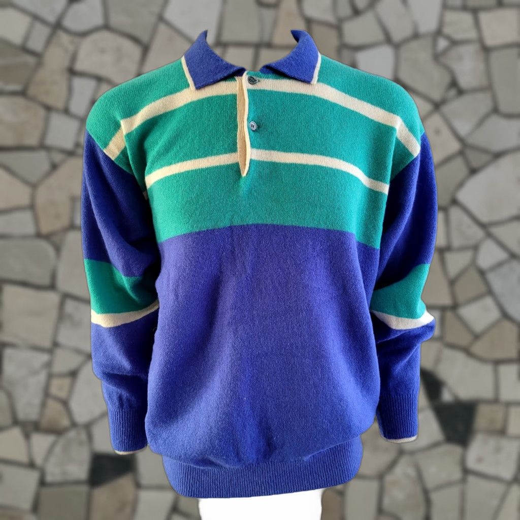 Pringle Of Scotland VINTAGE Pringle of Scotland Wool Polo Neck Jumper L Green/Blue Striped Size US L / EU 52-54 / 3 - 1 Thumbnail