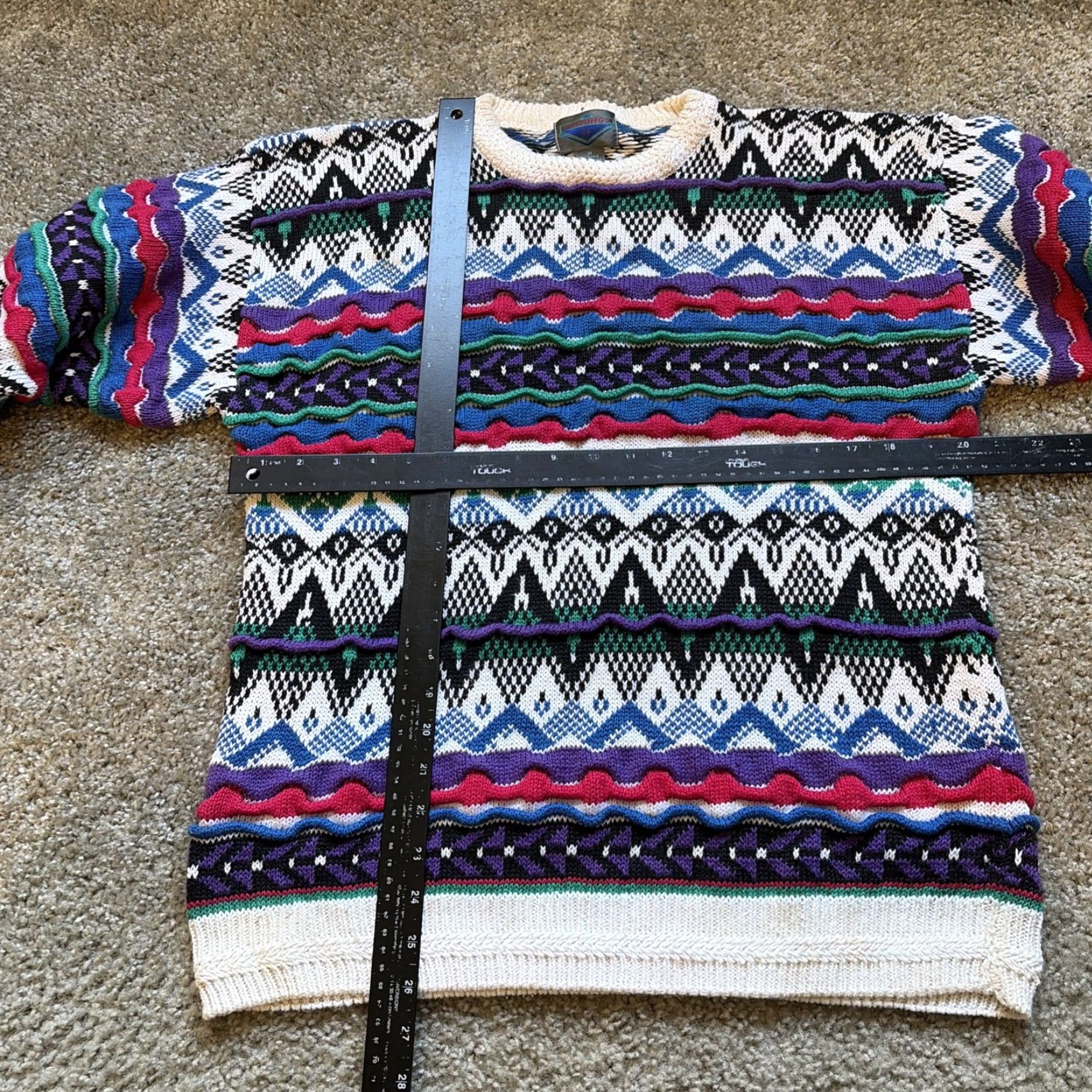 VINTAGE 90s Etchings Coogi Style 3D Cable Knit Multicolor Ramie Cotton Sweater M Men Crew Neck Pullover 90s