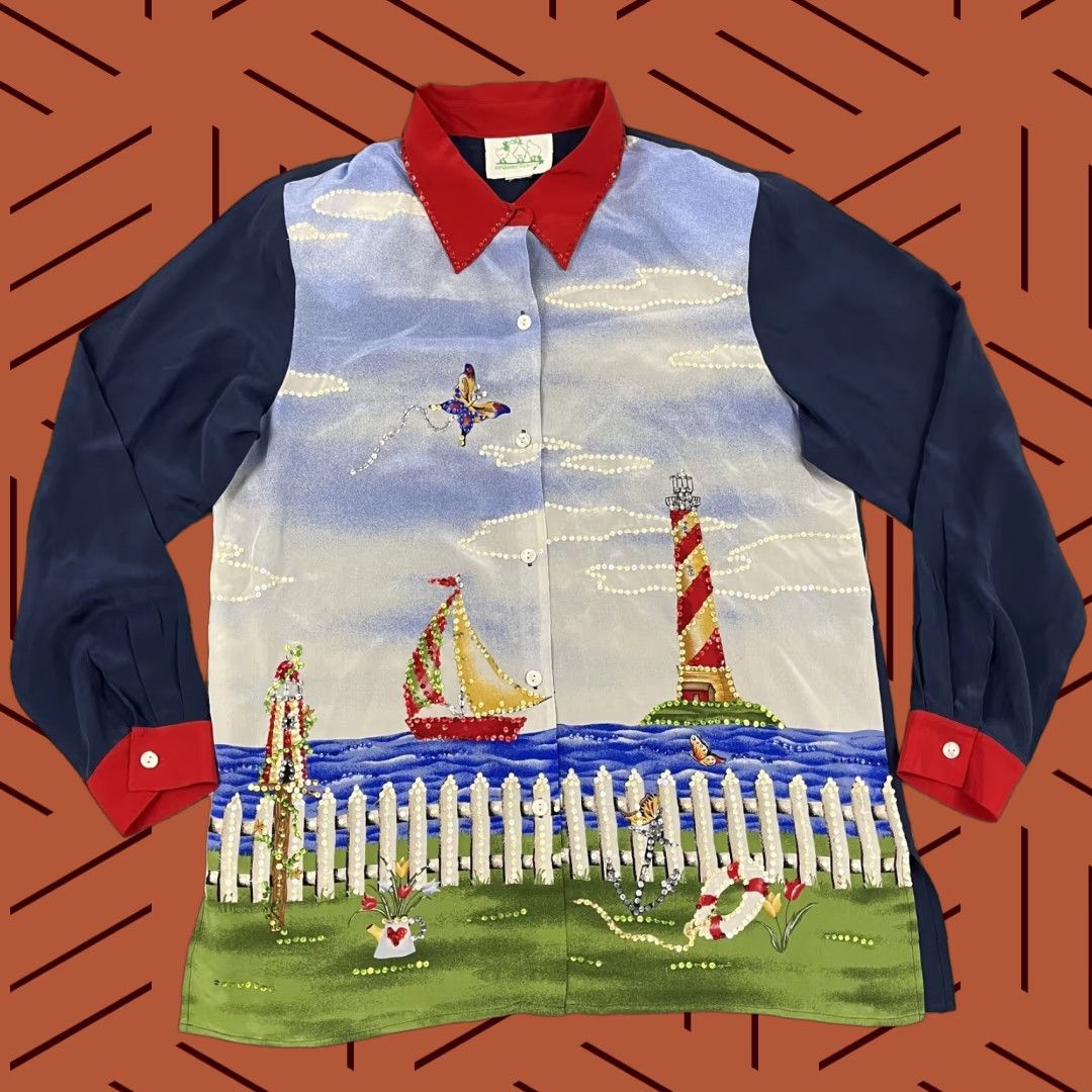 Quacker Factory **Womens Quacker Factory Silk Button Up Shirt Large Coastal Sea Side** User: **Womens Quacker Factory Button Up Shirt Large Silk Coastal Sea Side** Size L / US 10 / IT 46 - 1 Thumbnail