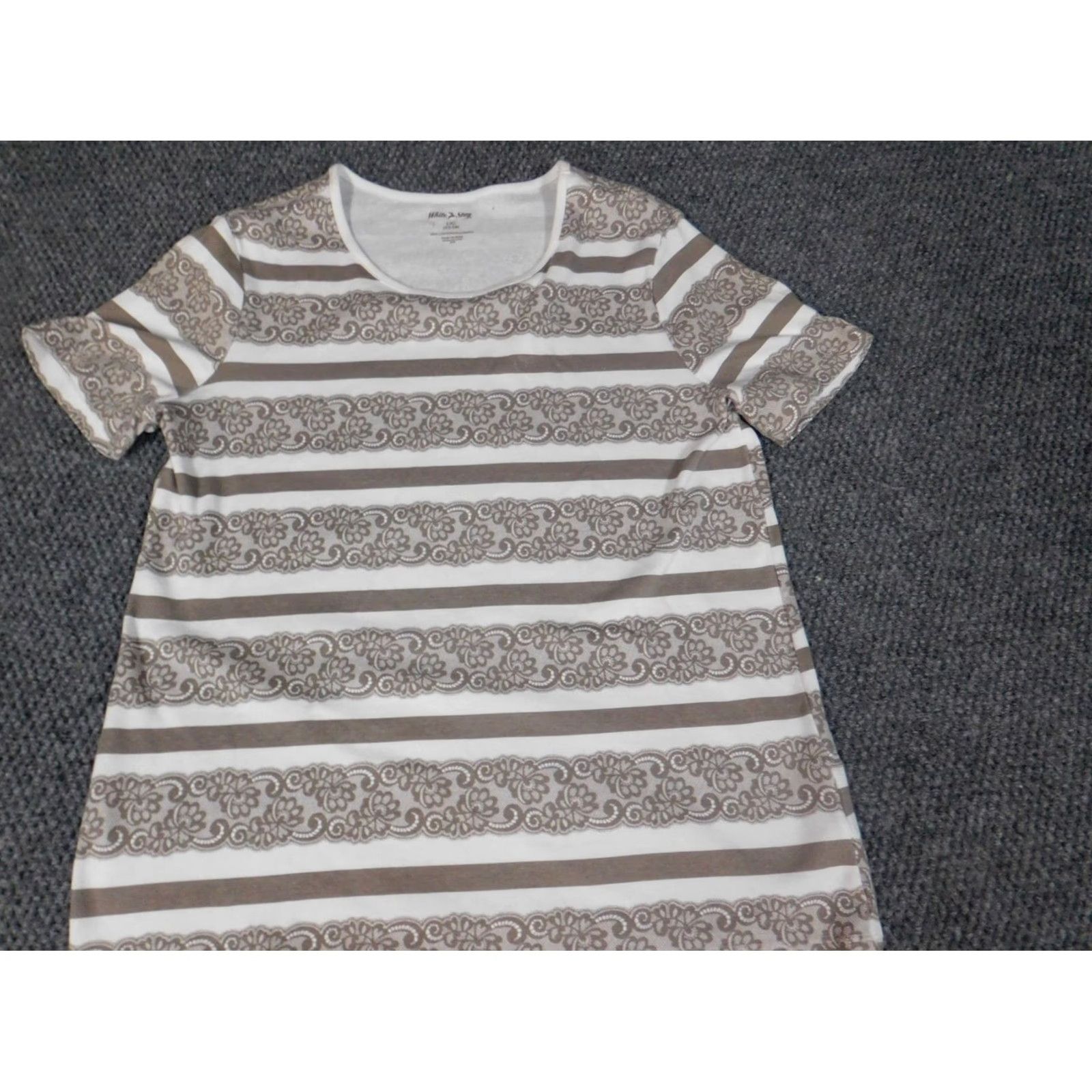 Vintage White Stag Blouse Shirt Womens L Brown Striped Crew Neck Short Sleeve Pullover Cotton Rayon Basic Casual Ruffle Vintage No 100% Cotton Regular Size L / US 10 / IT 46 - 3 Thumbnail