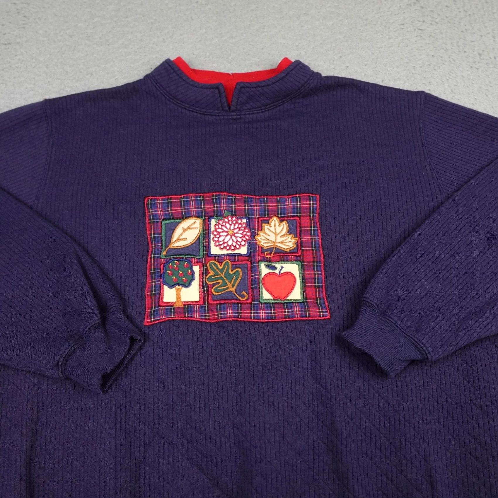 Vintage VINTAGE Baxter & Wells Sweater 1X Blue Plaid Fall Leaves Appliqué 90s Pullover Womens Size XL / US 12-14 / IT 48-50 - 4 Thumbnail