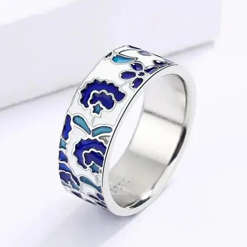 Jewelry Blue Enamel Engrave Flower Ring Size ONE SIZE - 4 Thumbnail