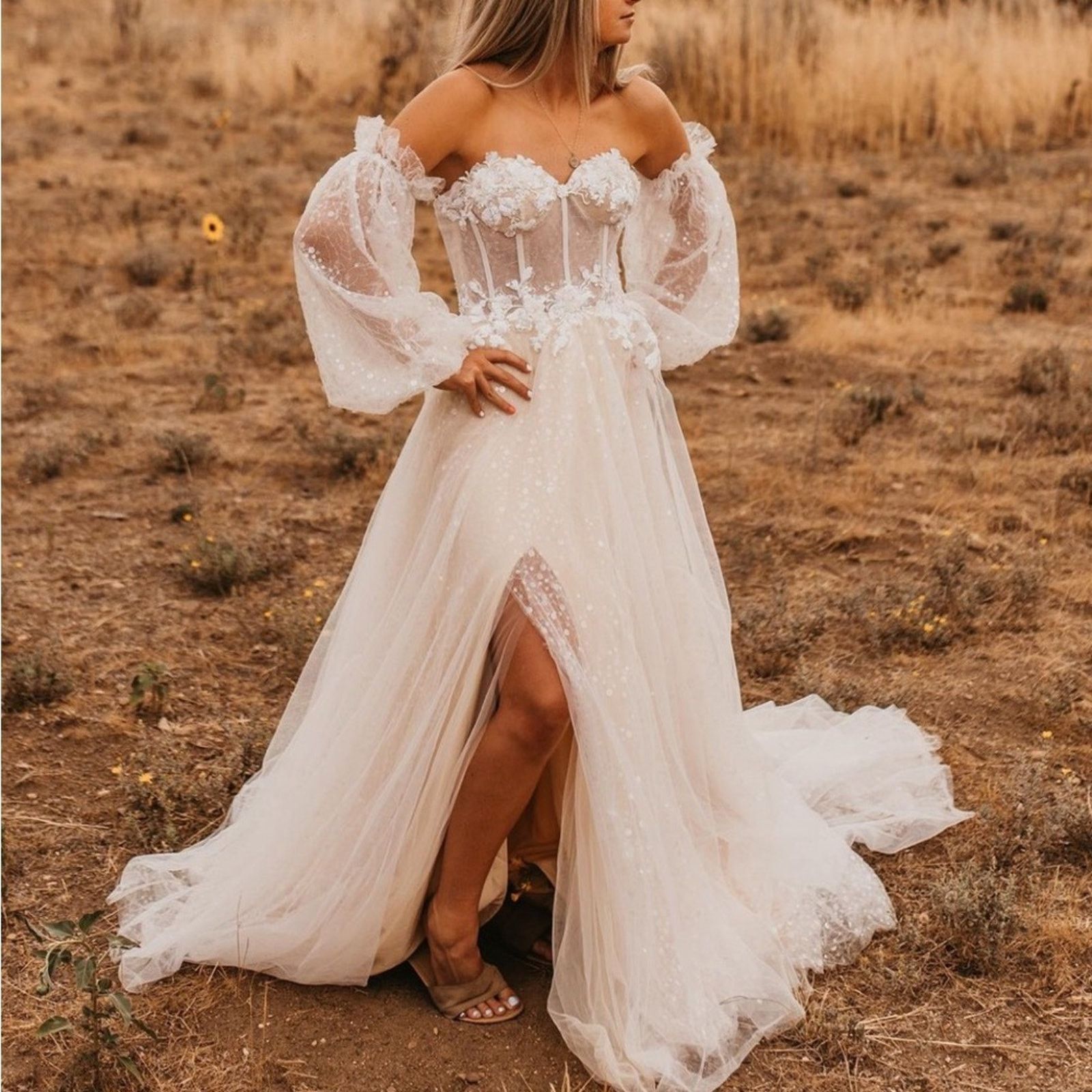 Anthropologie Sparkle Sheer Lace Sleeve Corset Wedding Dress Bridal Gown Size XL / US 12-14 / IT 48-50 - 3 Thumbnail