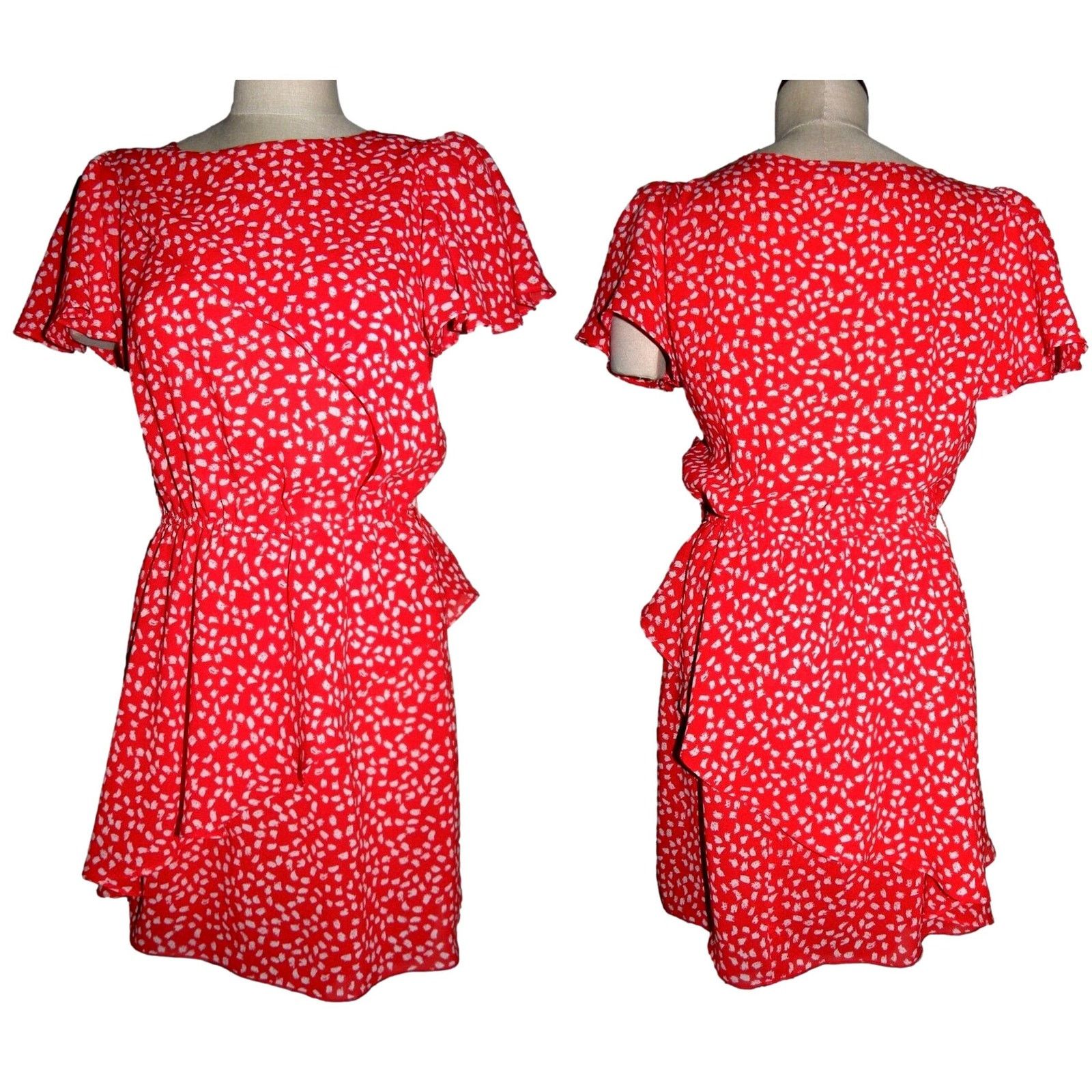 Vintage 90's Red & White Small Print Dress with Flounce | Small Size S / US 4 / IT 40 - 7 Thumbnail