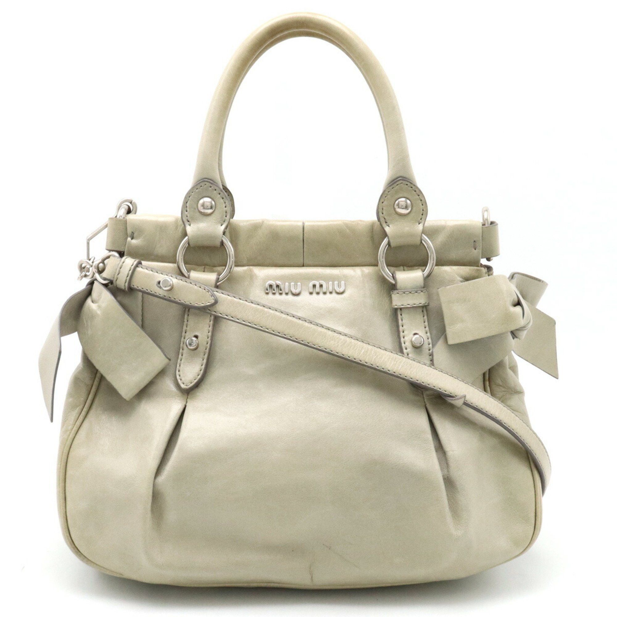 image of Miu Miu Miu Ribbon Handbag Shoulder Bag Leather Pervinca Mint Gray Rnn955 in Grey, Women's