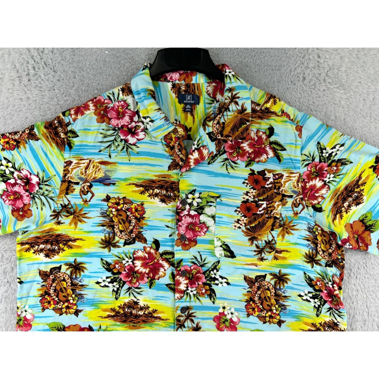 George George Hawaiian Shirt Mens 2XL Blue Floral Print Sleeves Short Sleeve Button-Up Cotton Size US XXL / EU 58 / 5 - 7 Thumbnail