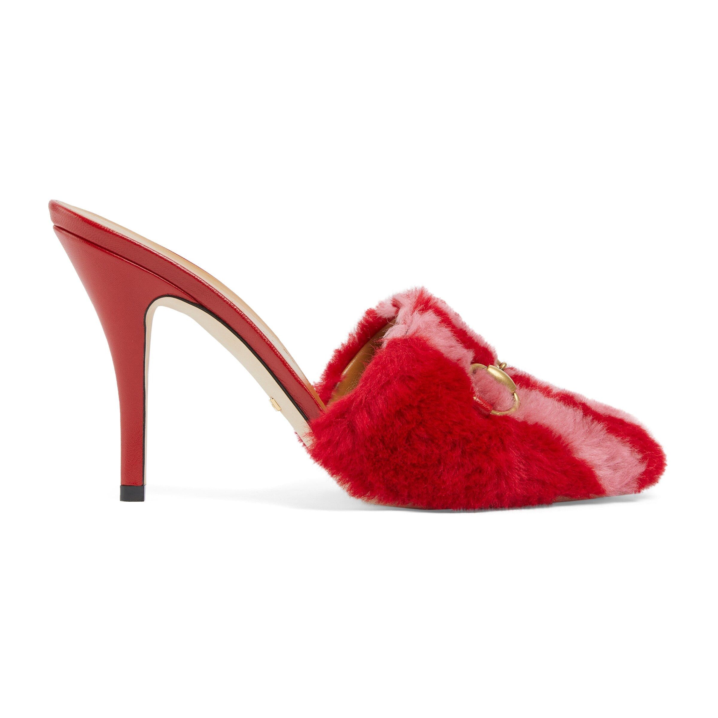 image of Gucci X Adidas Horsebit Fur Heeled Sandals Size 38 in Red, Women's