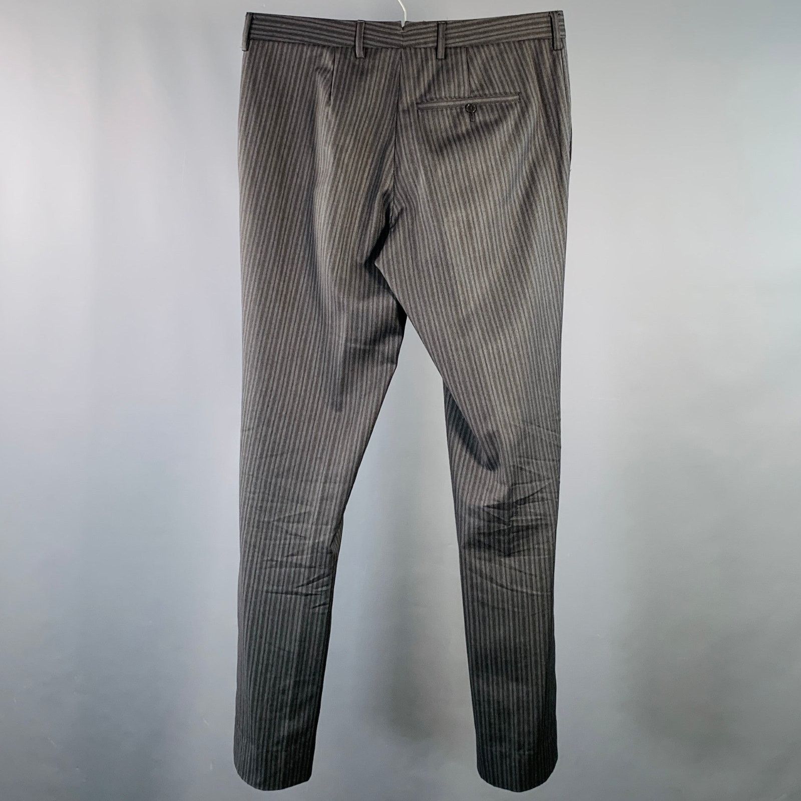 Neil Barrett Black Charcoal Stripe Wool Flat Front Tapered Dress Pants Size 34R - 3 Thumbnail