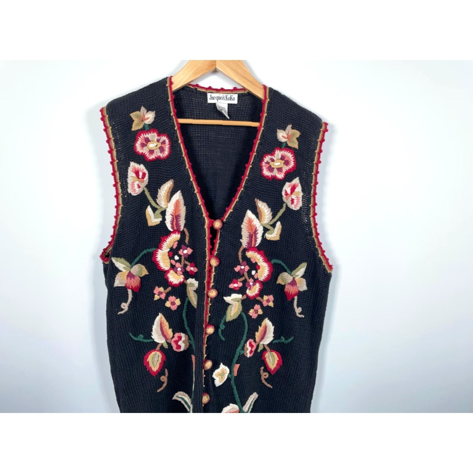 Vintage VINTAGE Jacque & Koko Floral Embroidered Sweater Vest Women's 18 / 20 Black Tassel Fringe Chunky Knit Shirt Womens Plus 90s Flower Retro Knitted Vest Size XXL / US 16-18 / IT 52-54 - 4 Thumbnail