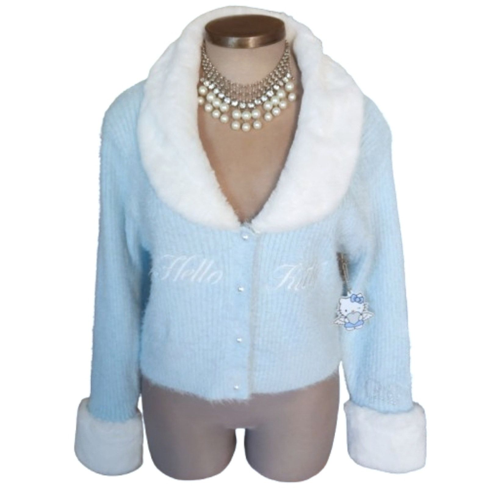 Forever 21 HELLO KITTY ☆ RIBBED KNIT CARDI w/ FUR COLLAR 2x ☆ NWT Size XXL / US 16-18 / IT 52-54 - 2 Thumbnail