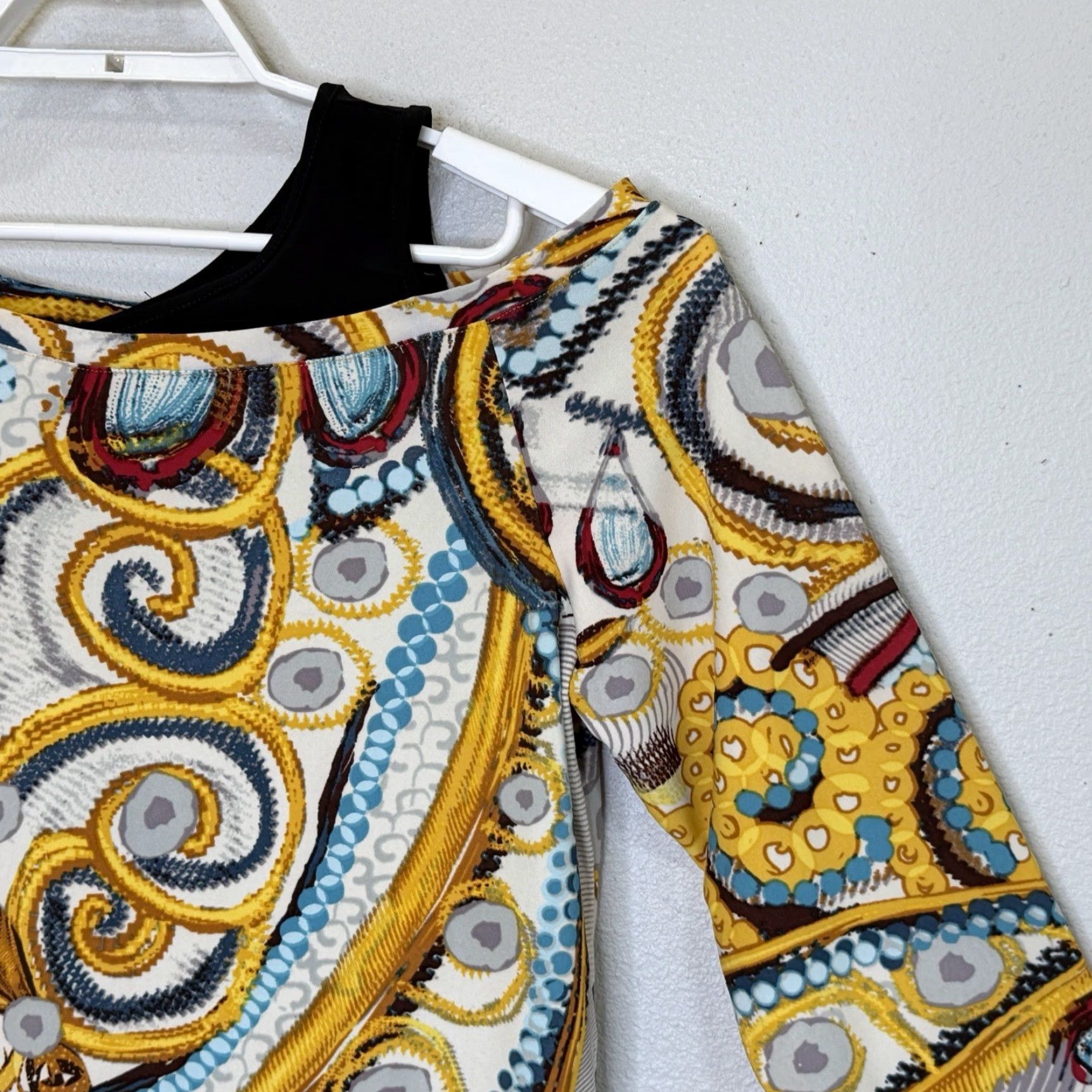 Vintage VINTAGE Attitudes by Renee Como Jersey Asymmetric Neckline Tunic Top Women's Medium Yellow Paisley Print 3/4 Sleeve Stretch Size M / US 6-8 / IT 42-44 - 3 Thumbnail