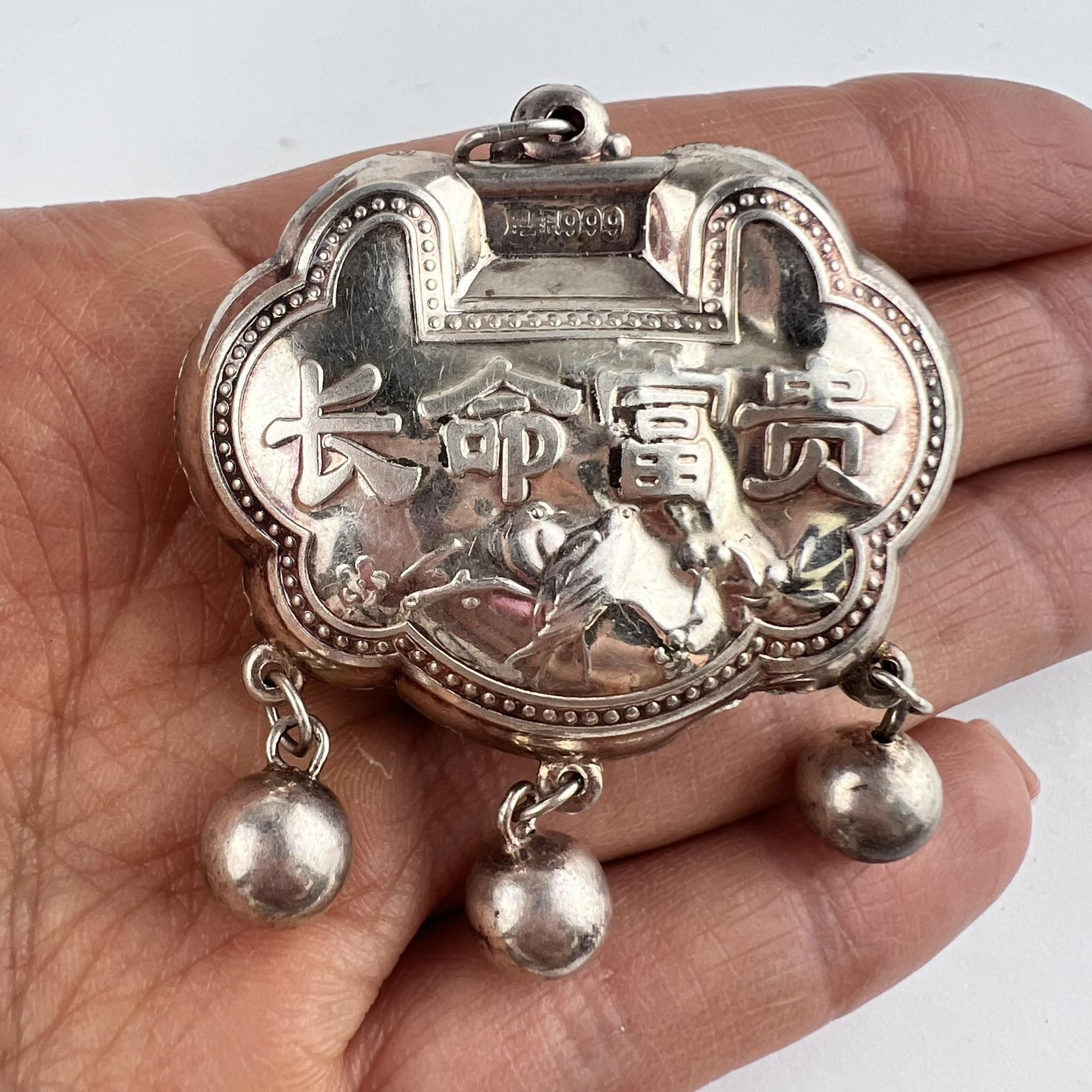 Vintage Antique Chinese Lock Charm Silver 999 Ethnic Pendant Bells Size ONE SIZE - 2 Thumbnail